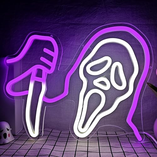 Ghost Face Neon Sign Dimmable Ghost Neon Sign Horror Neon Sign for Bedroom,Game Room, Mancave,Halloween Neon Signs Wall Decor Chirstmas Gift