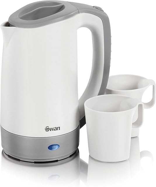 Swan Dual Voltage Travel Kettle with Two Tea Cups, 0.5 Litre Capacity, 125-600 W, Lightweight, White/Grey, SK19011N