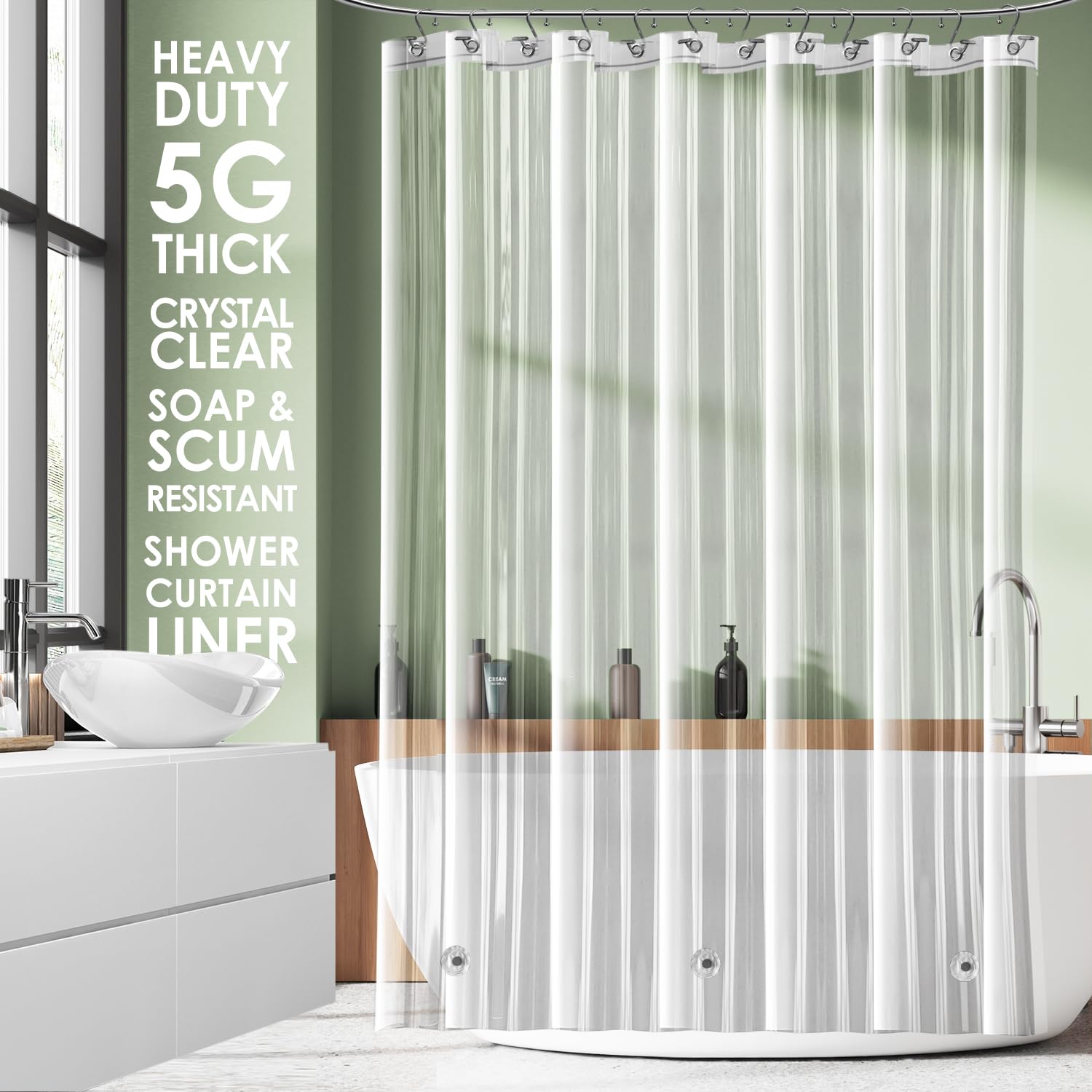 Clara Clark Clear Shower Curtain Liner - Waterproof Lightweight Shower Liner With 3 Magnets, 5G Premium Peva Bathroom Shower Curtain (, 180 X 180 Cm - 71 X 71 Inch)