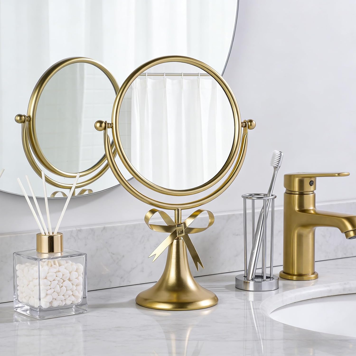 LONGSHENG - SINCE 2001 - Tabletop Vanity Makeup Mirror with Metal Frame Gold Bow Desk Table Mirror with 360°Adjust Dressing Room Bedroom Bathroom Favor Decor