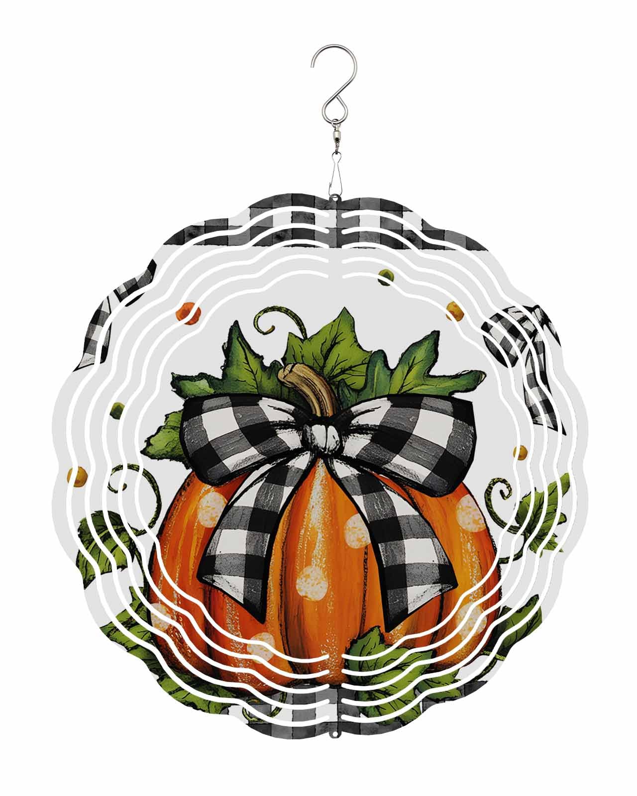 Plants Wind Spinners, Orange Pumpkin Bow Black Buffalo Plaid Hanging Wind Spinners for Yard and Garden 3D Stainless Steel Metal Sculptures Crafts Ornaments 10 Inch