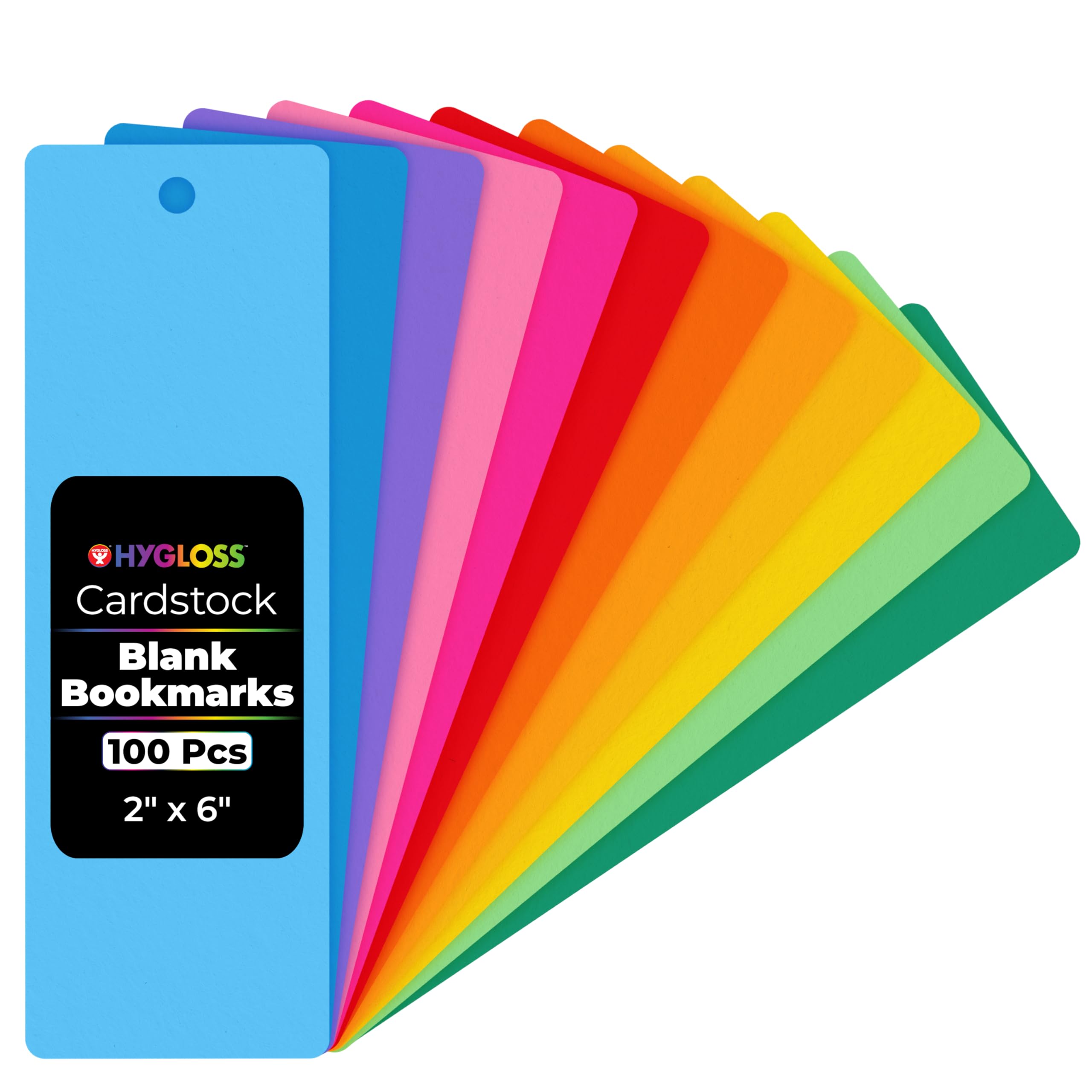 Hygloss Blank Bookmarks to Decorate - 100 Colorful DIY Bookmark Cardstock Blanks - 2x6 Inch, Pre-Punched Hole - Perfect for Craft Projects, Classroom Activities, Custom Gifts - 65 lb Paper