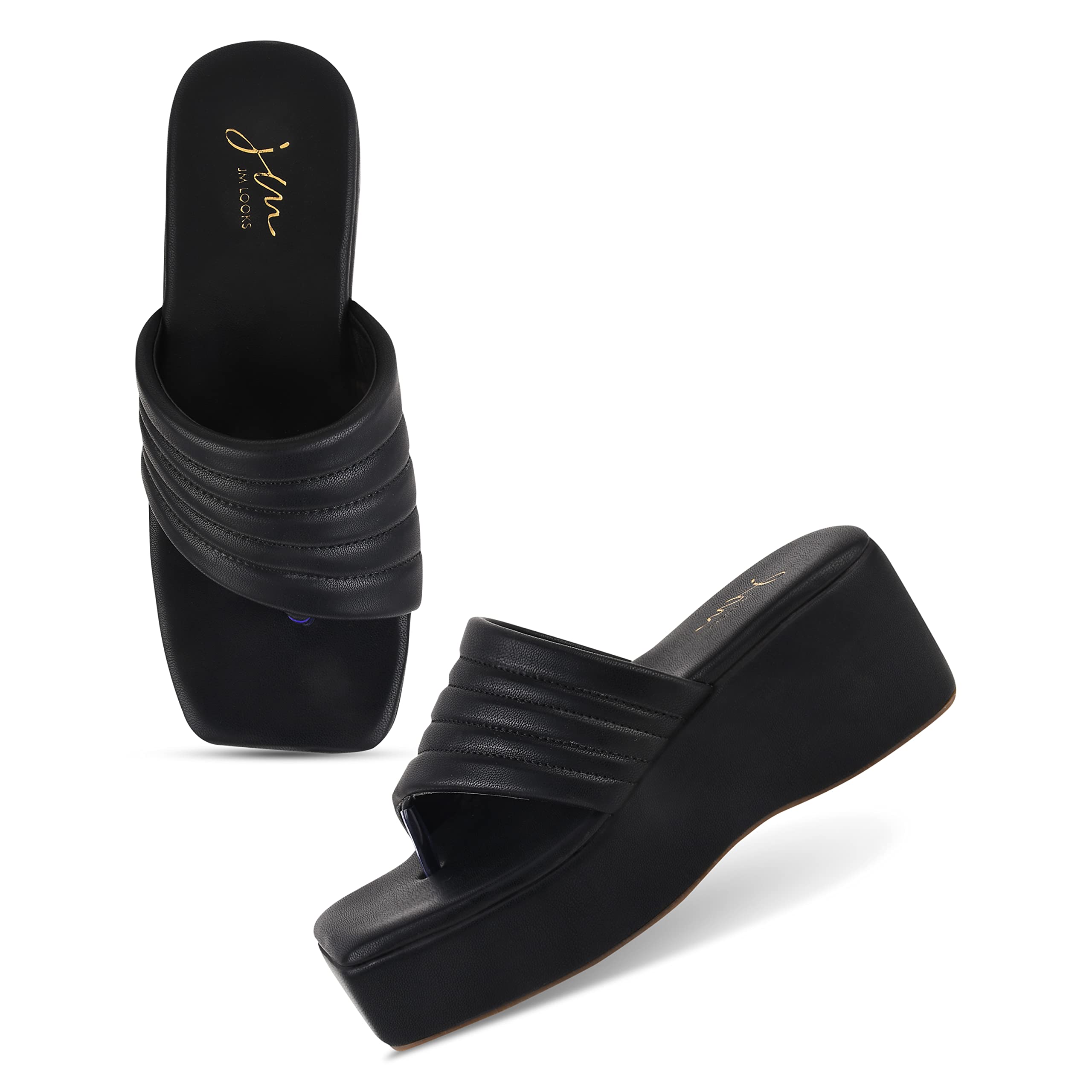 JM LOOKS Casual Fashion Black Wedges Sandals Solid Comfortable Sole For Womens & Girls (B0BZ536W8B) Amazon Price History, Amazon Price Tracker