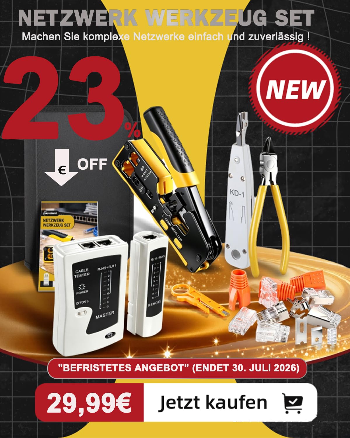 moveland Effizient Netzwerk Werkzeug Set - Rutschfest präzise RJ45 Crimpzange Pass-Through mit 15 x Cat6a / 15 x Cat7 Stecker, LSA Auflegewerkzeug, Netzwerktester für Heimwerker & Techniker geeignet