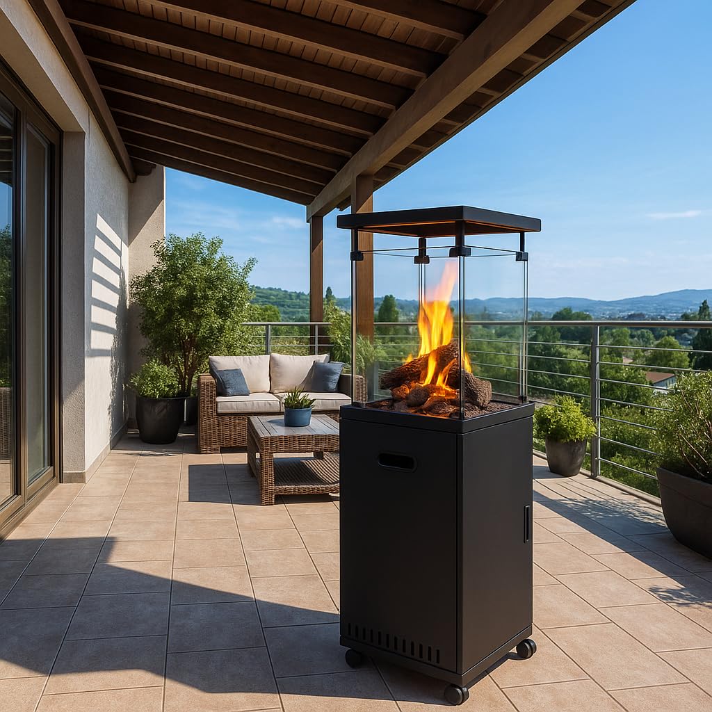 Stufa Patio a Gas GPL 11 kW con Accensione Piezoelettrica e Legnetti Decorativi 42x42xH140cm Riscaldatore da Esterno