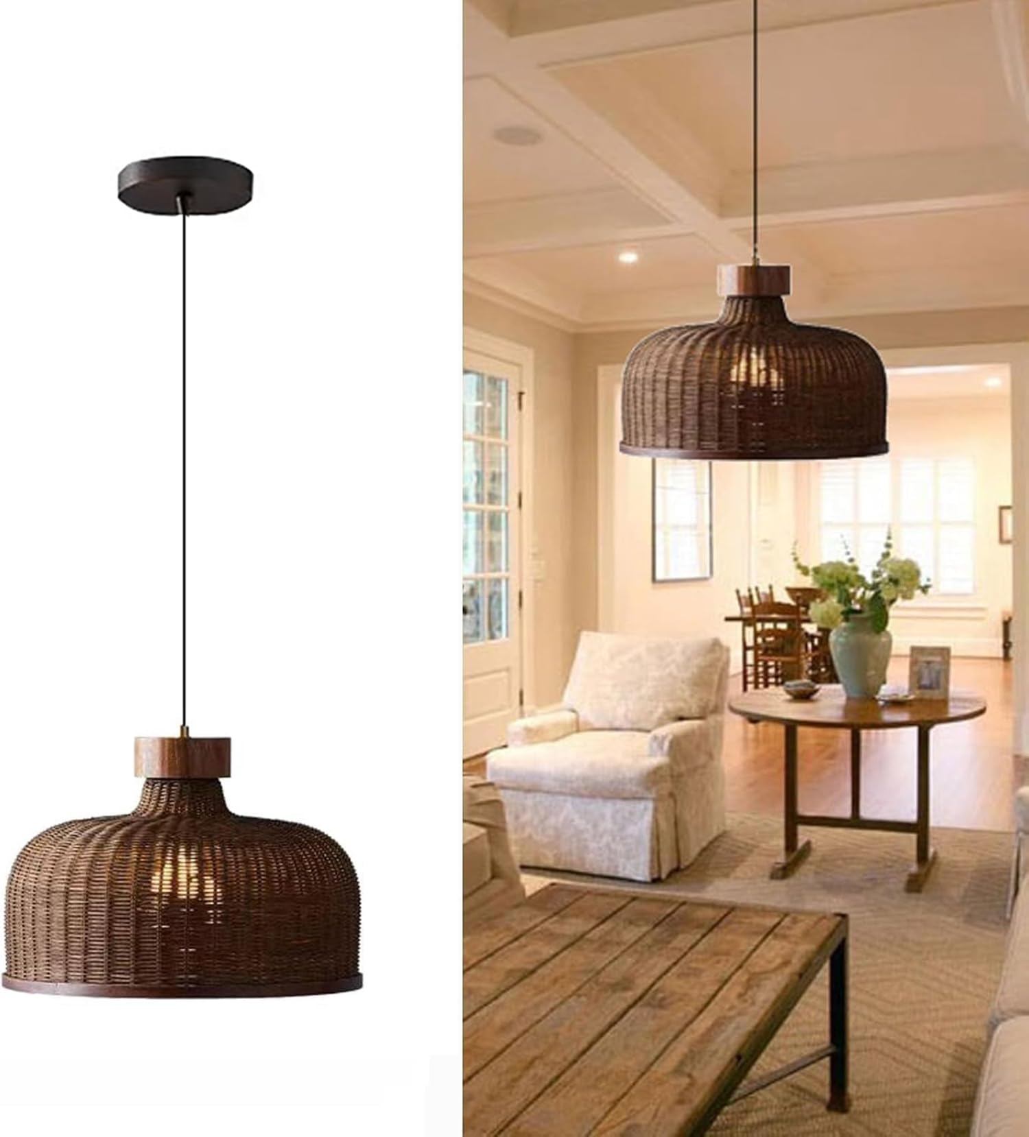 LYMSXAZOU Large Boho Rattan Pendant Light Fixture - Hand Woven Coastal Chandelier for Dining Room, Kitchen, and Bedroom(17.7in)