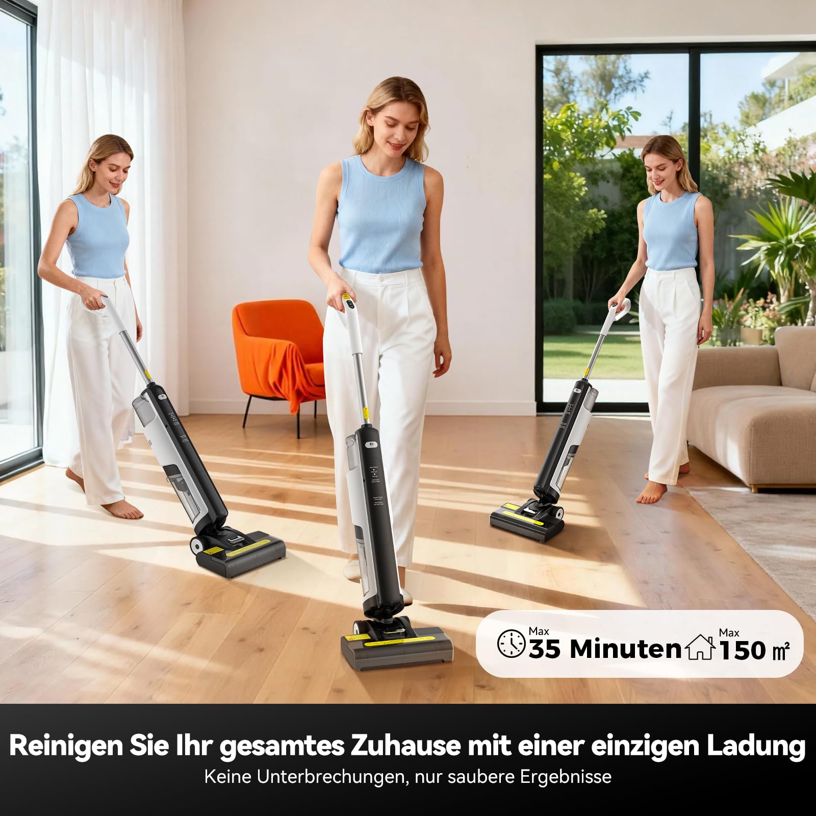 W12SE Wischsauger, Intelligenter kabelloser Wischsauger, Anti-Haarverwicklung, Elektrolytische Desinfektion, 1,15L Doppelbehälter