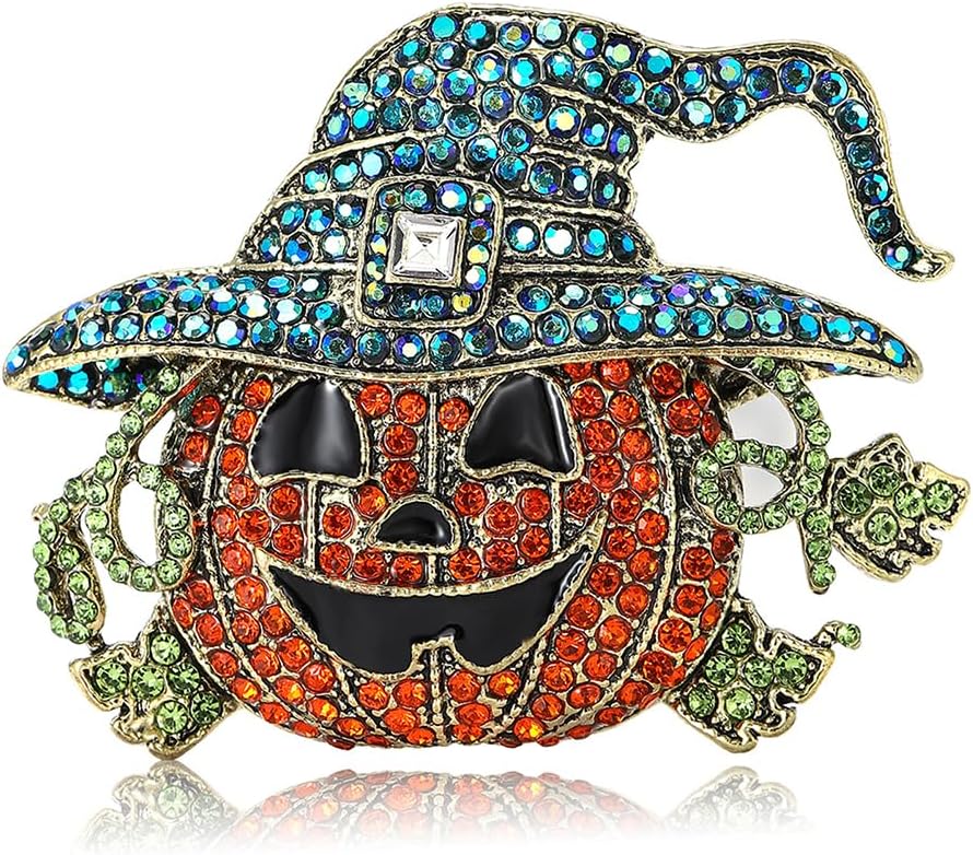Rhinestone Pumpkin Witch Hat Brooch Lapel Pin for Women Girls Men Crystal Smiling Face Halloween Festival Party Accessories Pins Sweater Hat Dress Suit Jacket Badges Backpack Brooches Delicate Thanksgiving Jewelry Gifts Clothes Decoration