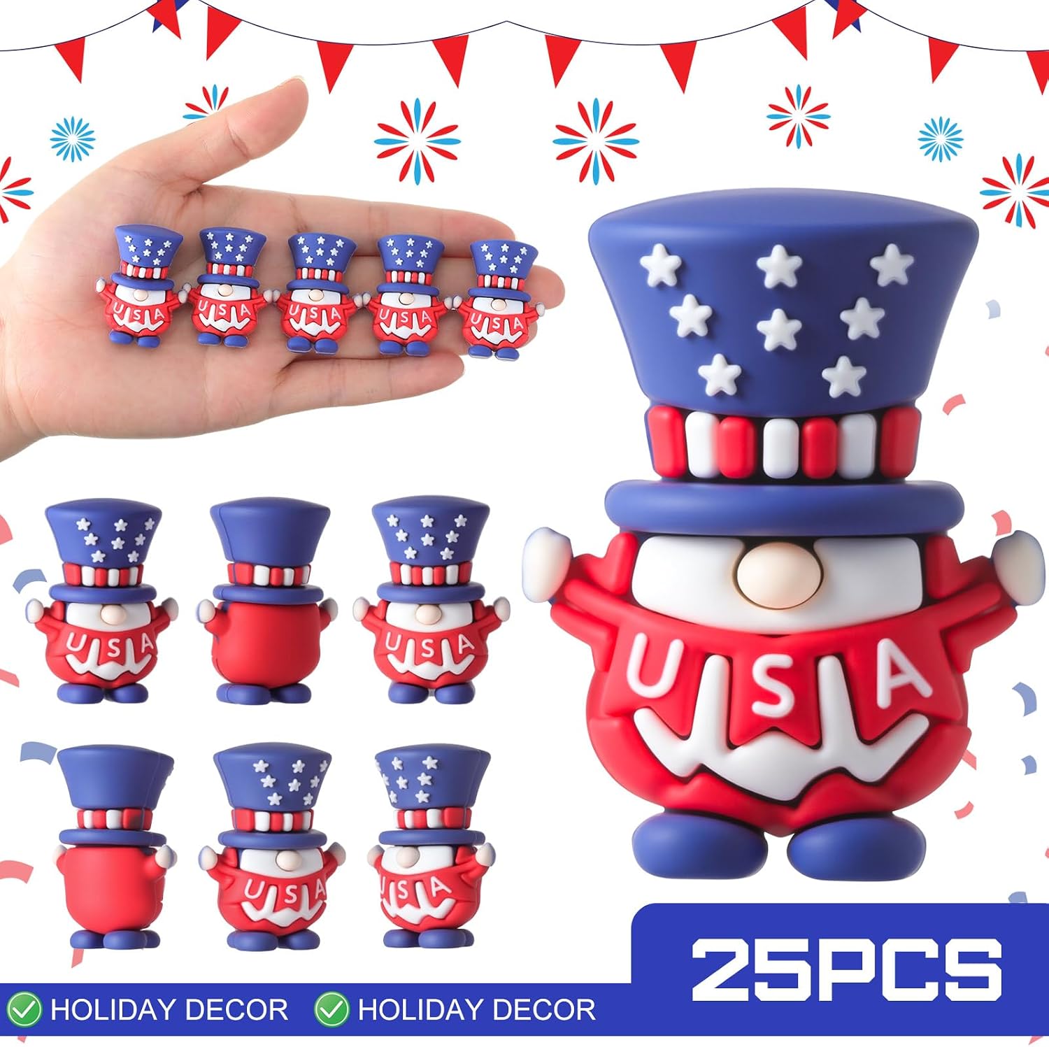 DoubleFill 25 Pcs 4th of July Mini Patriotic Gnomes Decorations Independence Day Decor Tiny Small Miniature Figurines for Veterans Memorial 250th Anniversary Party Favors Bulk Gifts Home Table