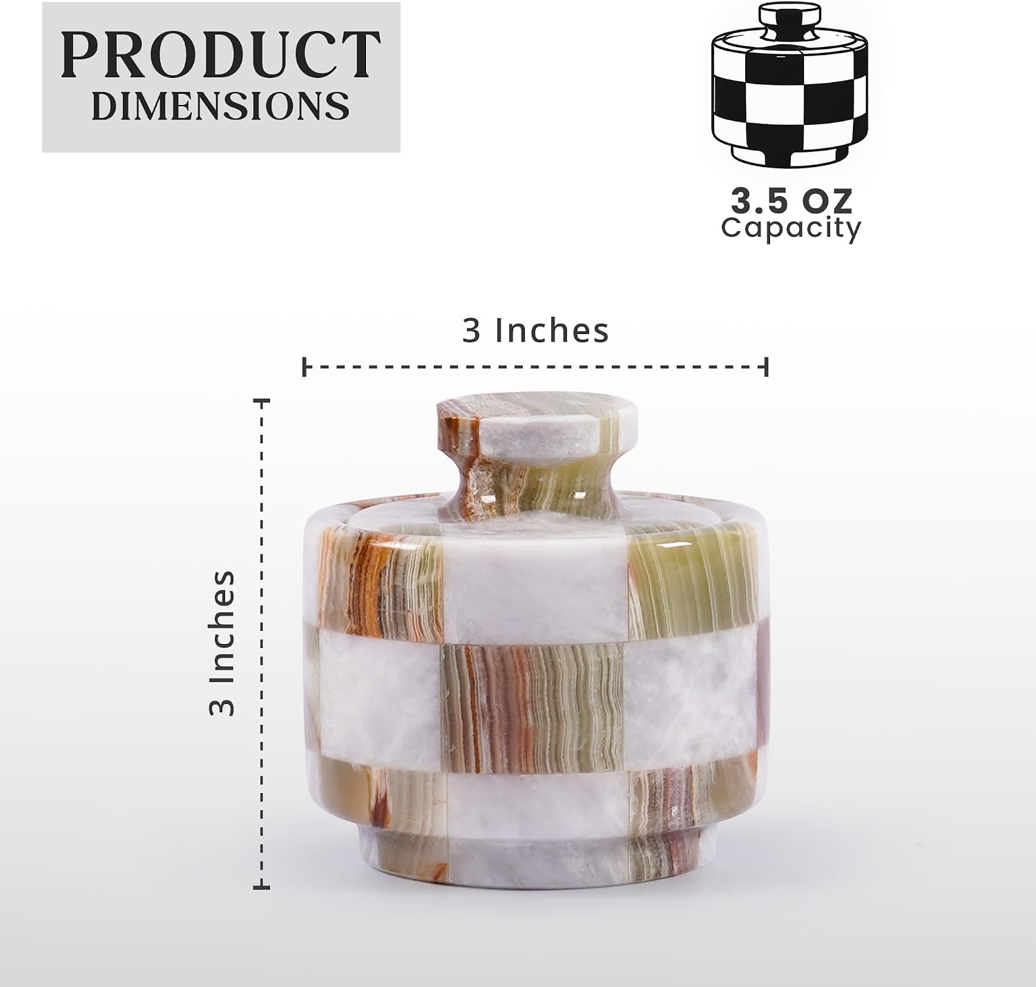 Marble Salt Cellar with Lid 3" Inch Checker Green & White Salt Container, Handmade Pinch Pot for Kitchen Countertop, Sugar Bowl Spice Storage Jar, Modern Table Decor & Seasoning Keeper Box image 2