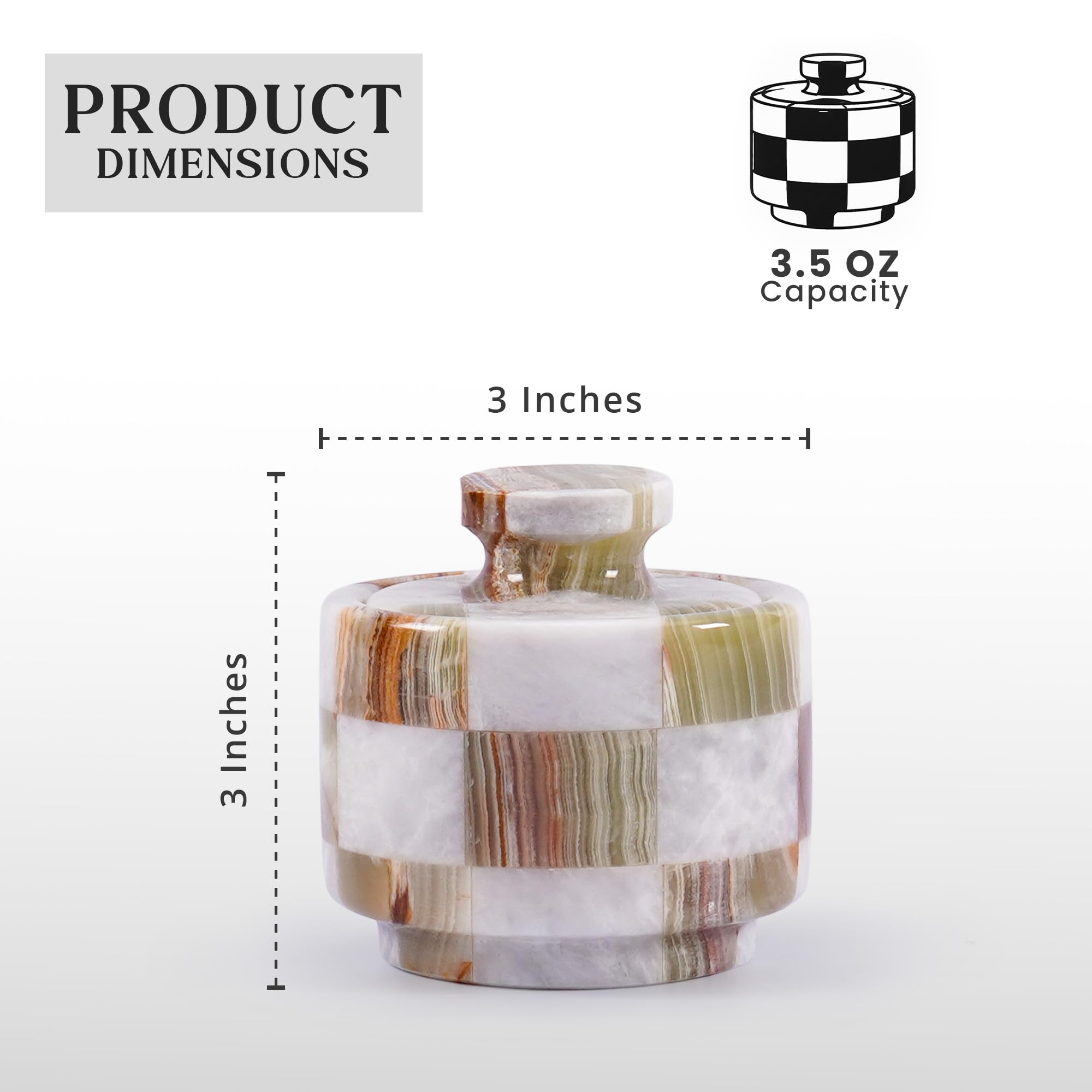 Marmor Salzgefäß mit Deckel, Weiß & Grüner Onyx, 7,6 cm
