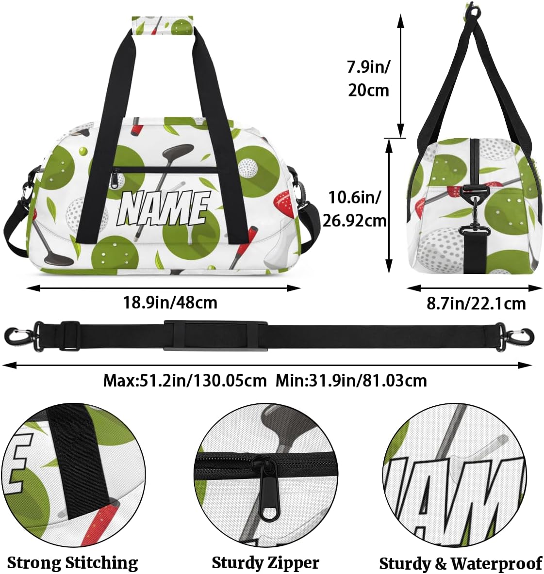 Custom Golf Themed Sports Gym Bag Personalized Ball Sports Name Travel Duffel Bag Customized Weekender Overnight Bags for Women Men