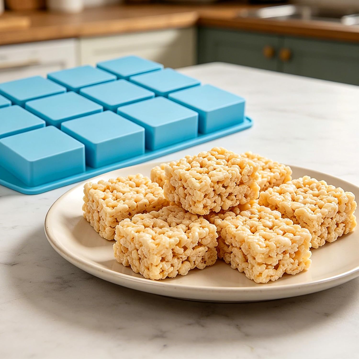 Mini Rice Krispie Treats Molds, 2 Pack Silicone Mini Square Molds, Candy Bar Mould for Making Bite Size Rice Crispy Snacks, Chocolate, Brownie - Blue