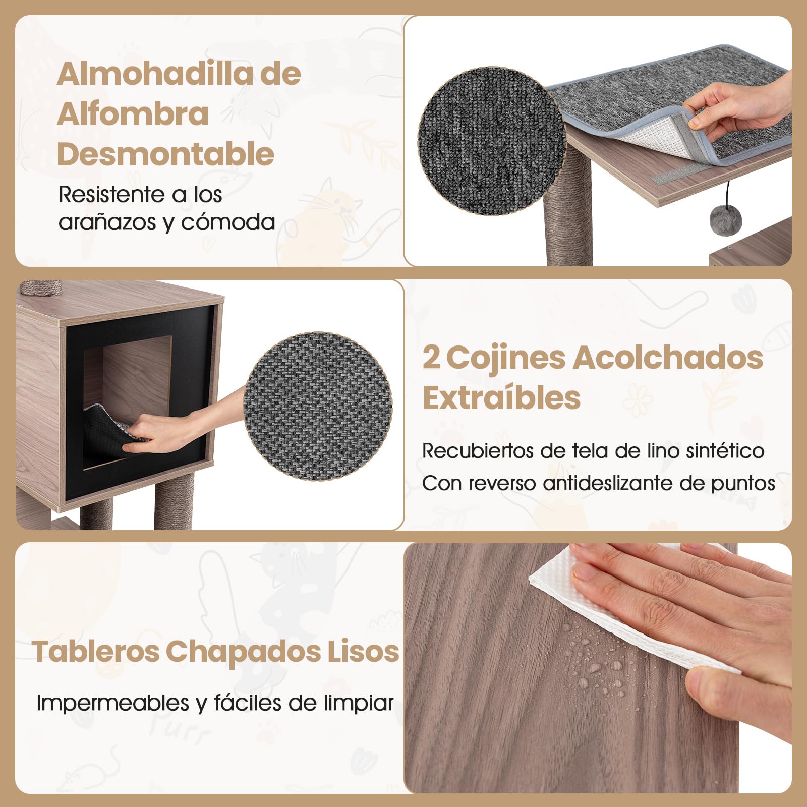 COSTWAY Mueble Rascador para Gatos, 93 cm Torre de Gatitos de Madera Multinivel con Poste Rascador de Sisal, Condominios, Percha, Cojines y Alfombrilla Extraíbles, Árbol Rascador para Gatos