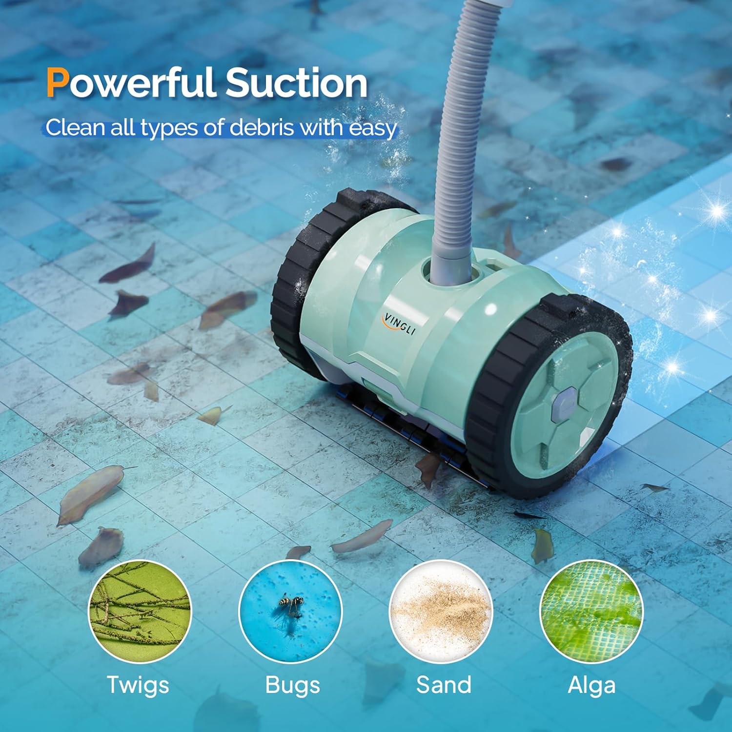 VINGLI Pro Auto Pool Cleaner – Advanced Suction Vacuum for Inground/Above Ground Pools – 40FT Hose, Quiet & Efficient Cleaning – Mint Green&Gray
