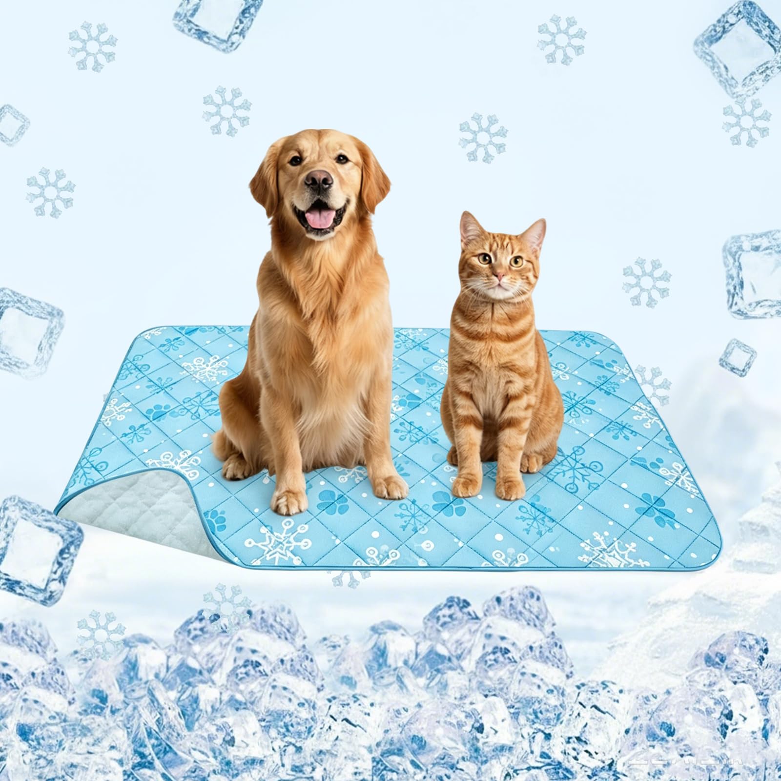 MKEOIEAU Cooling Mat for Dogs Cats, Pet Cooling Summer Pad with Anti-Slip Bottom, Washable Self Cooling Ice Silk Bed for Outdoor Indoor Kennels Crates Car Seats (Blue - Snowflake, 39.4'' * 27.6'')