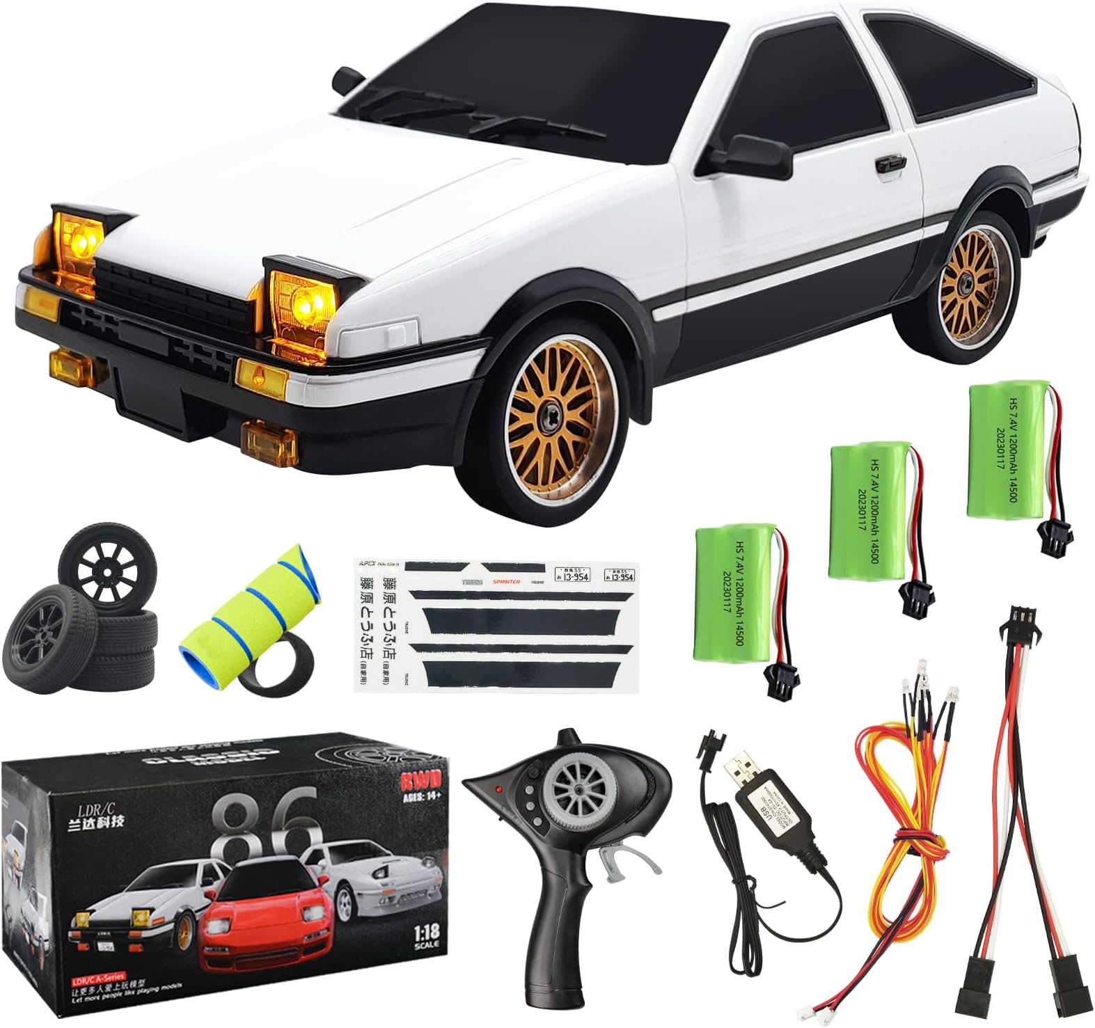 - LD1801 1/18 AE86 RC Drift Car (Initial D), 3pcs Upgraded 1200mAh Batteries, 2.4G 150 Brushed Motor & 10A ESC, 3-Channel Full Proportional Remote Control