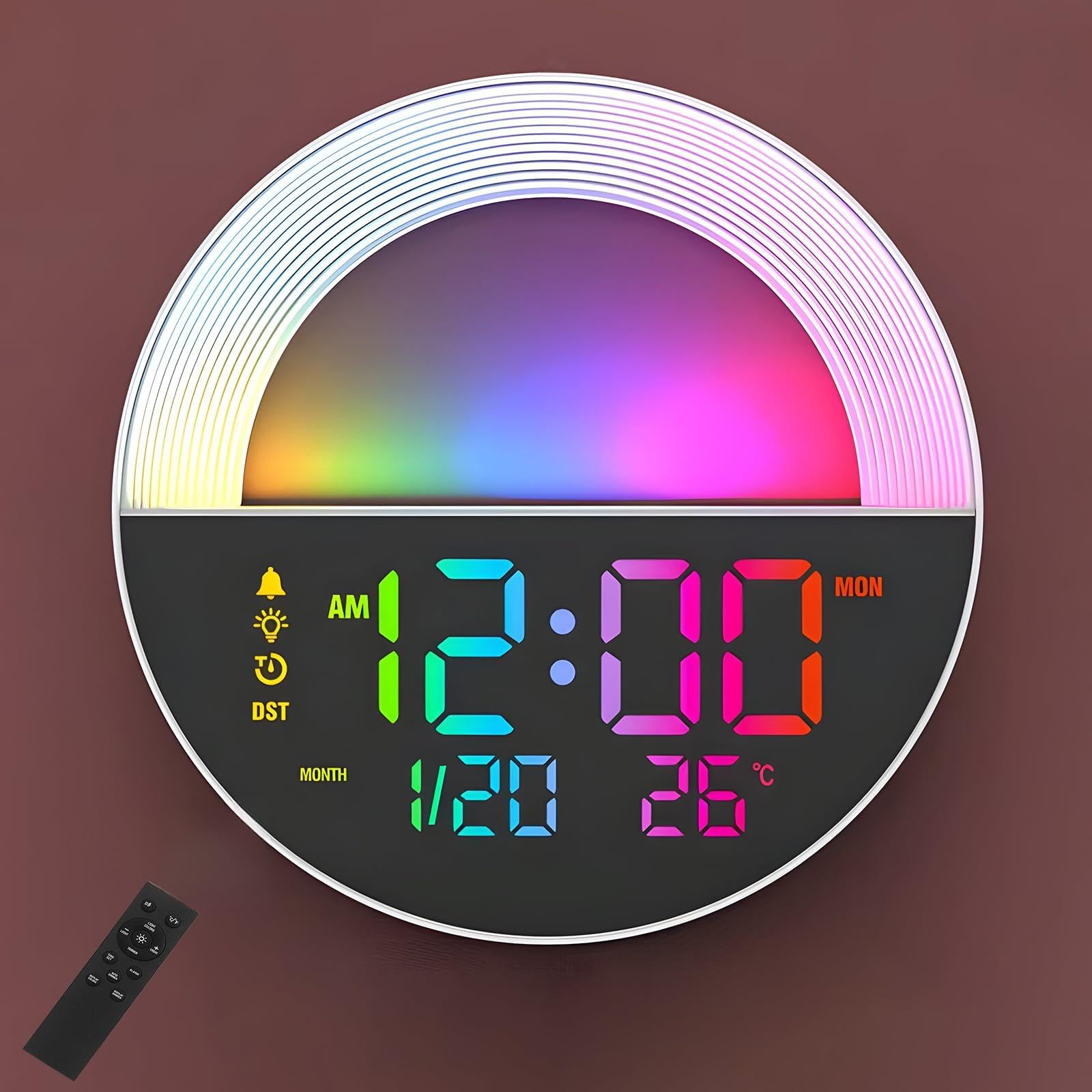 Tasnme 10.2" Digital Wall Clock, LED Display with Remote Control Temperature Date, Alarm Clock, 4-Level Display Brightness 11 RGB Color Night Light for Classroom, Livingroom, Office, Bedroom