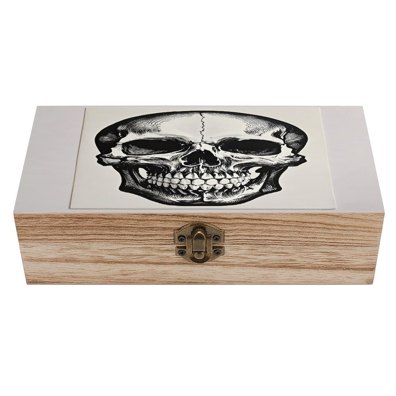 FekiLoot Black Skull Pattern on White Background Wooden Storage Box Exquisite Wood Keepsake Box Vintage Wooden Gift Jewelry Case for Crafts And Photo Storage Boxes