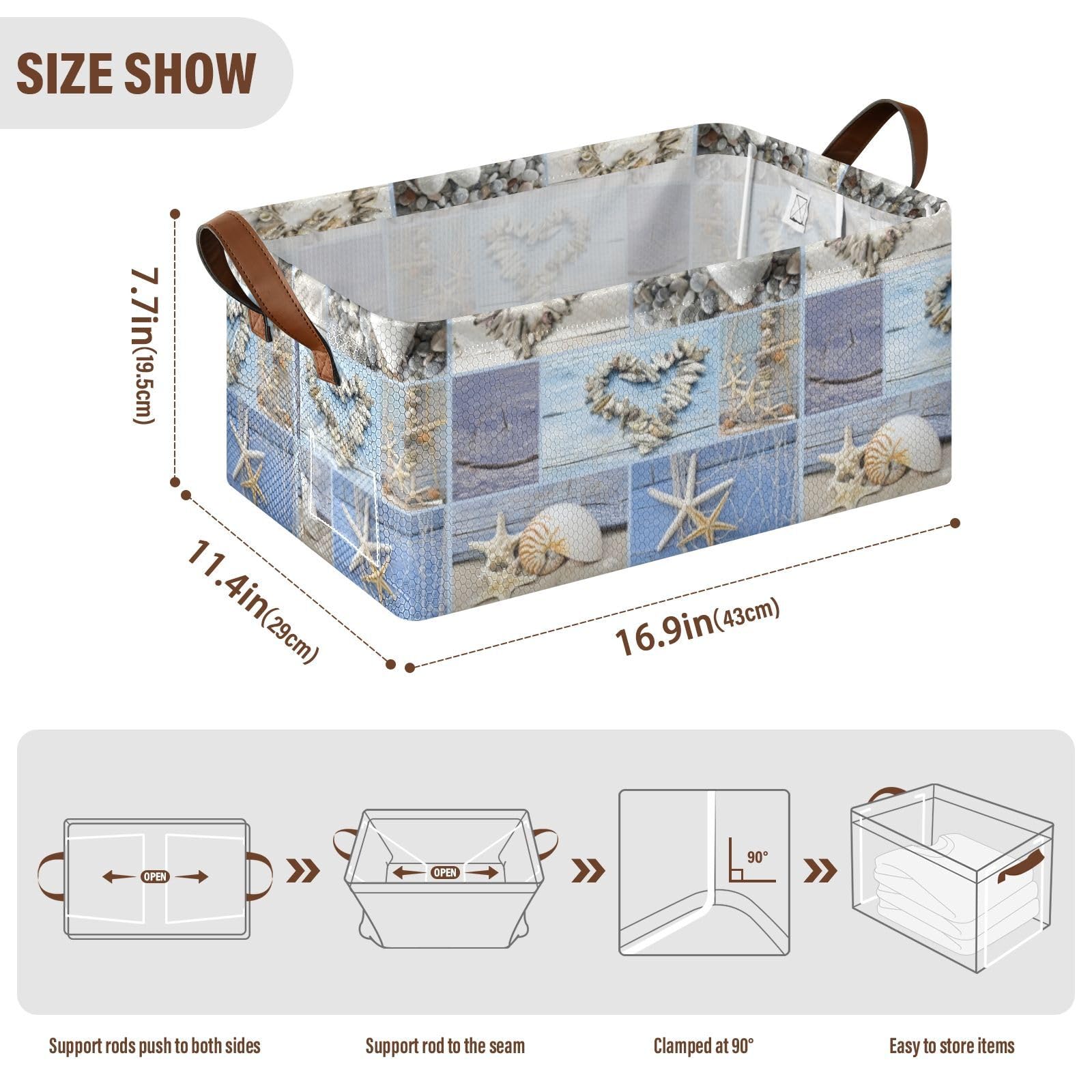 Fygkptb Collage with Hearts of Seashells Starfish Driftwood and Beach Goods 1 PC Rectangle Foldable Frame Basket Leather Handles Storage Bin for Laundry Bathroom Organizer 16.9 x 11.4 x 7.7 inch