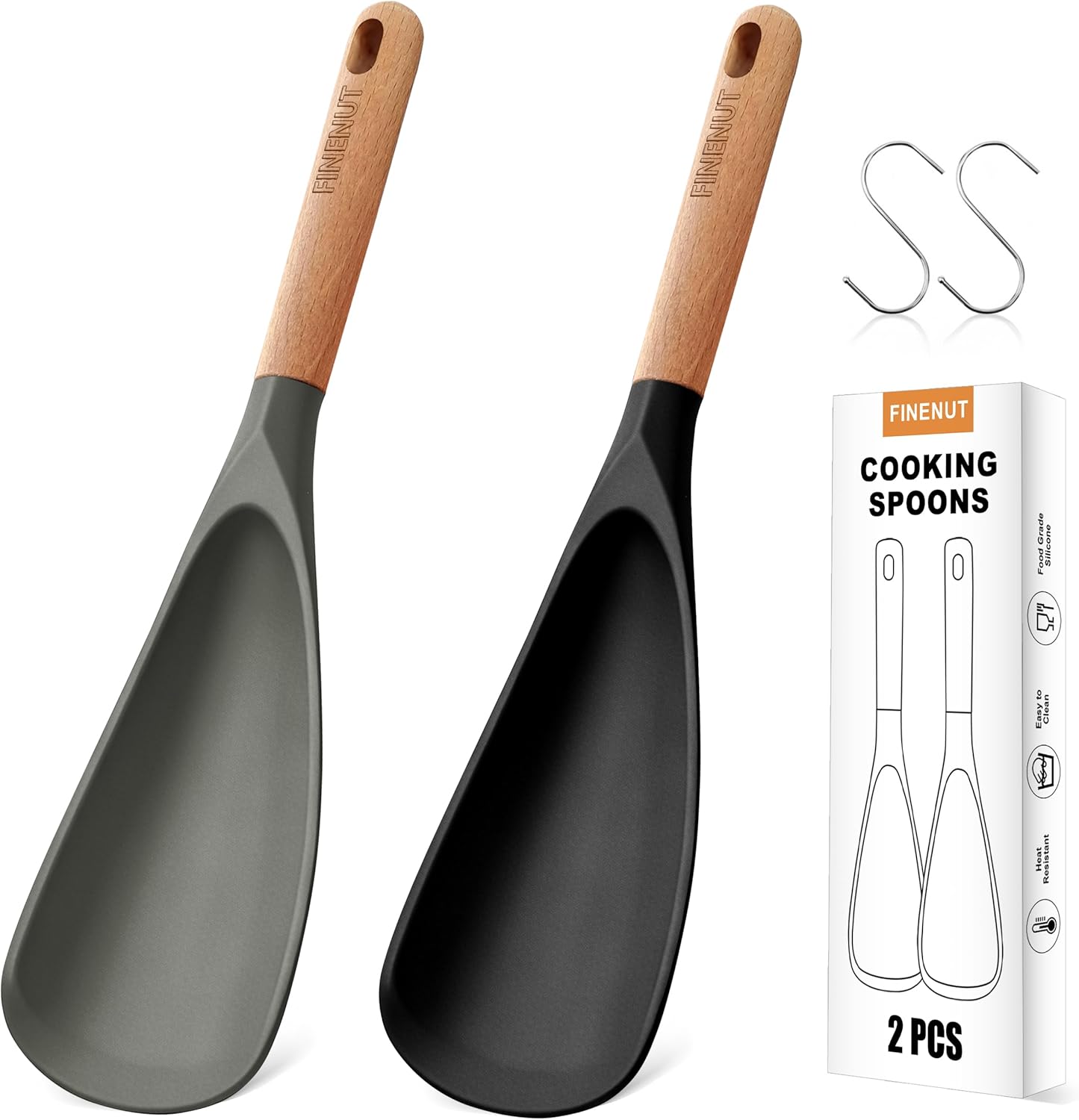 2-Pack Silicone Cooking Spoons with Wood Handle & S-Hooks - Heat Resistant 446°F Spoonula for Nonstick Cookware - BPA Free Multifunction Spatula Spoon for Mixing, Scooping&Serving (Black&Gray) - Amazon product rated Grade B