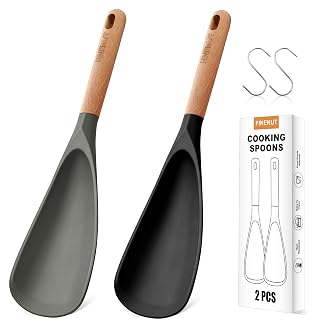 2-Pack Silicone Cooking Spoons with Wood Handle & S-Hooks - Heat Resistant 446°F Spoonula for Nonstick Cookware - BPA Free Multifunction Spatula Spoon for Mixing, Scooping&Serving (Black&Gray) - Amazon product rated Grade A