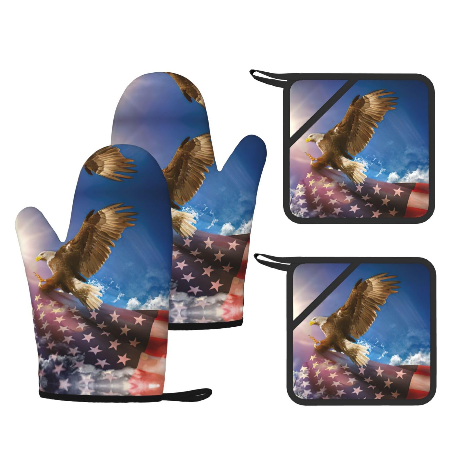 American USA Flag Eagle Art Printed Oven Mitts and Pot Holders Set of 4, Heat Resistant Silicone Gloves for Baking Grilling