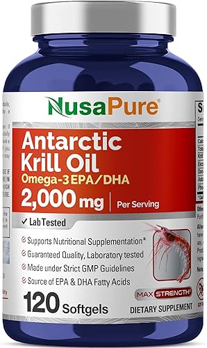 NusaPure Aceite de krill antártico 2000 mg 120 cápsulas blandas, Omega-3 EPA 360 mg, DHA 240 mg, suplemento de astaxantina libre de soja procedente