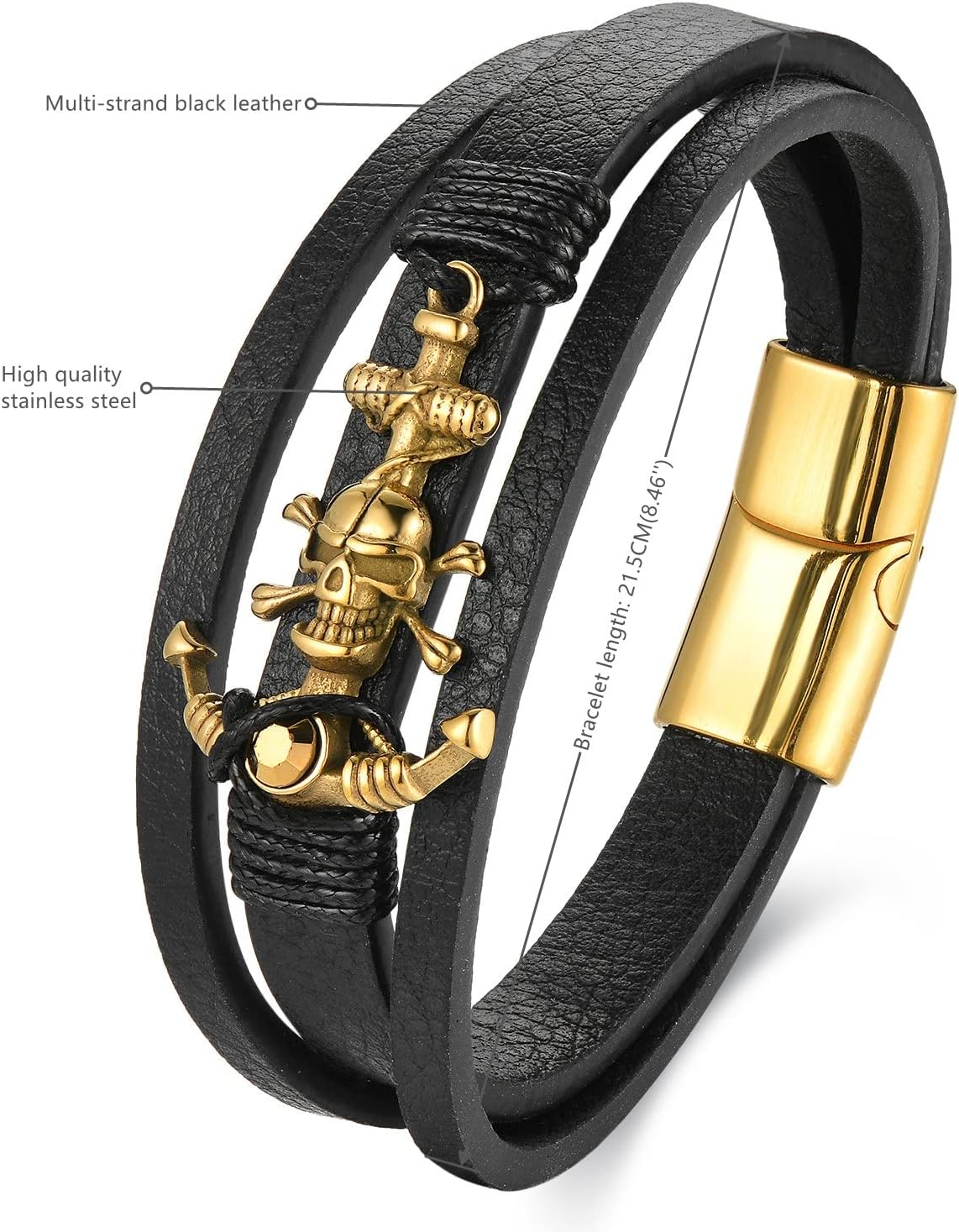 Black Leather Gold Color Steel Bone Pirate Skull Marine Anchor Charm Bangle Bracelet - Image 3