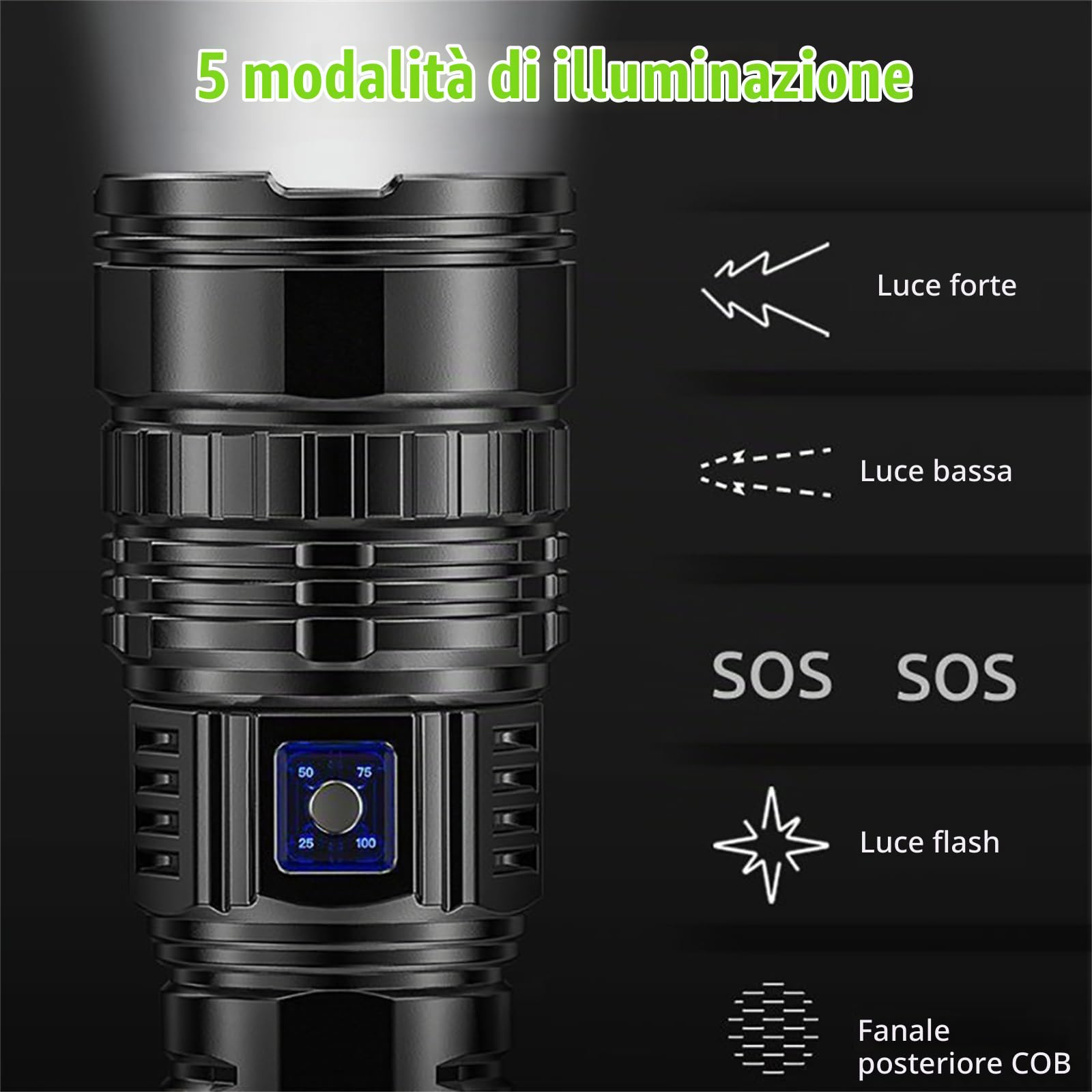 Torce Ad Alto Lumen, Potenti Torce Tattiche, Torcia A LED A 5 Modalità Zoomabile, Impermeabile, Luce Flash Portatile Per Emergenze, Campeggio, Escursionismo