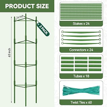Halatool 2 Pack Tomato Cages for Garden, Up to 63 inch(5.2FT) | Adjustable Tall Garden Stakes Tomato Trellis for Pots, Tomato Plant Support for Raised Garden Bed &Vegetables Flowers