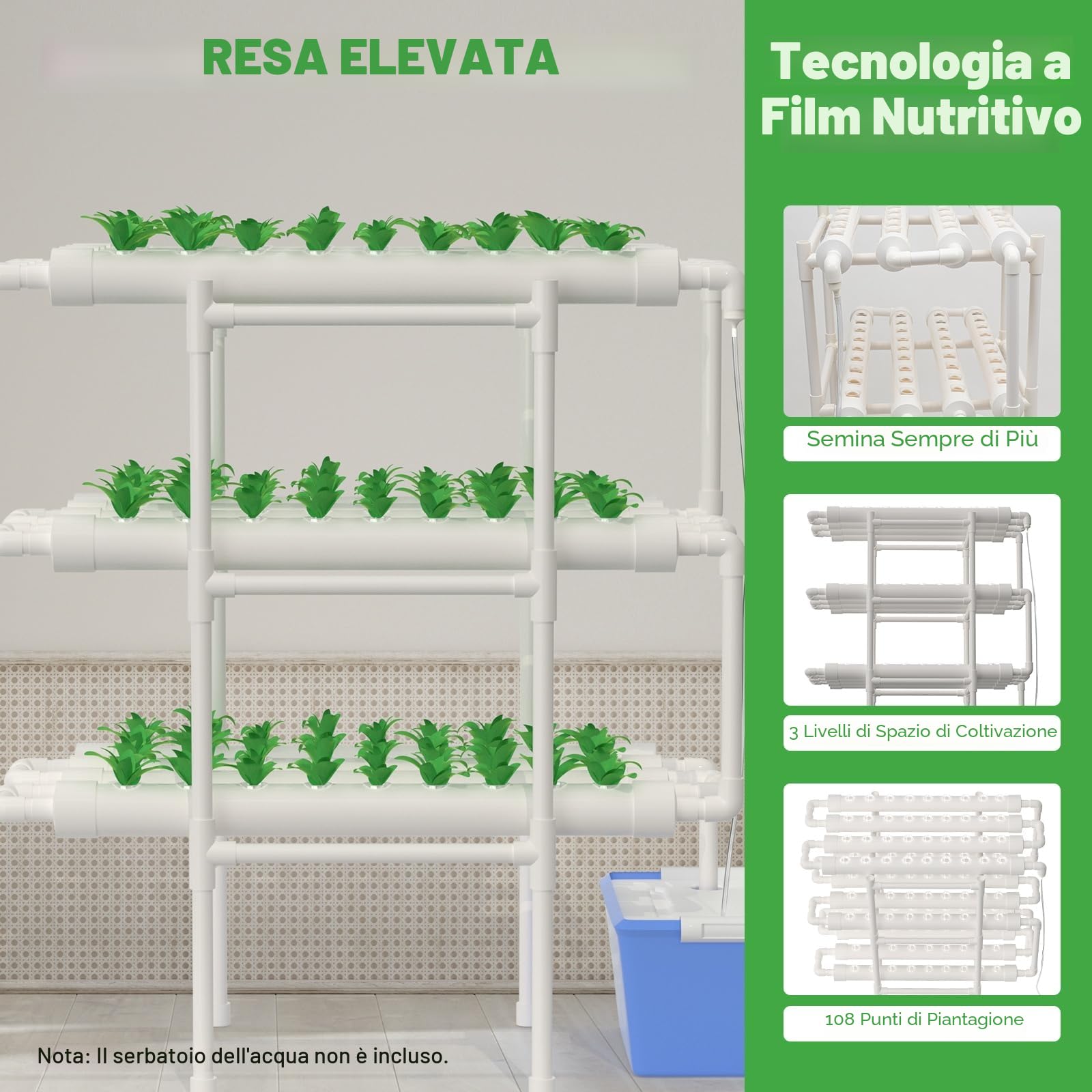 Kit Sistema di Coltivazione Idroponica a 3 Livelli 108 Posti per Ortaggi Kit di Coltivazione Idroponica Sistema di Coltivazione Senza Suolo in PVC Kit Idroponici per Ortaggi a Foglia.