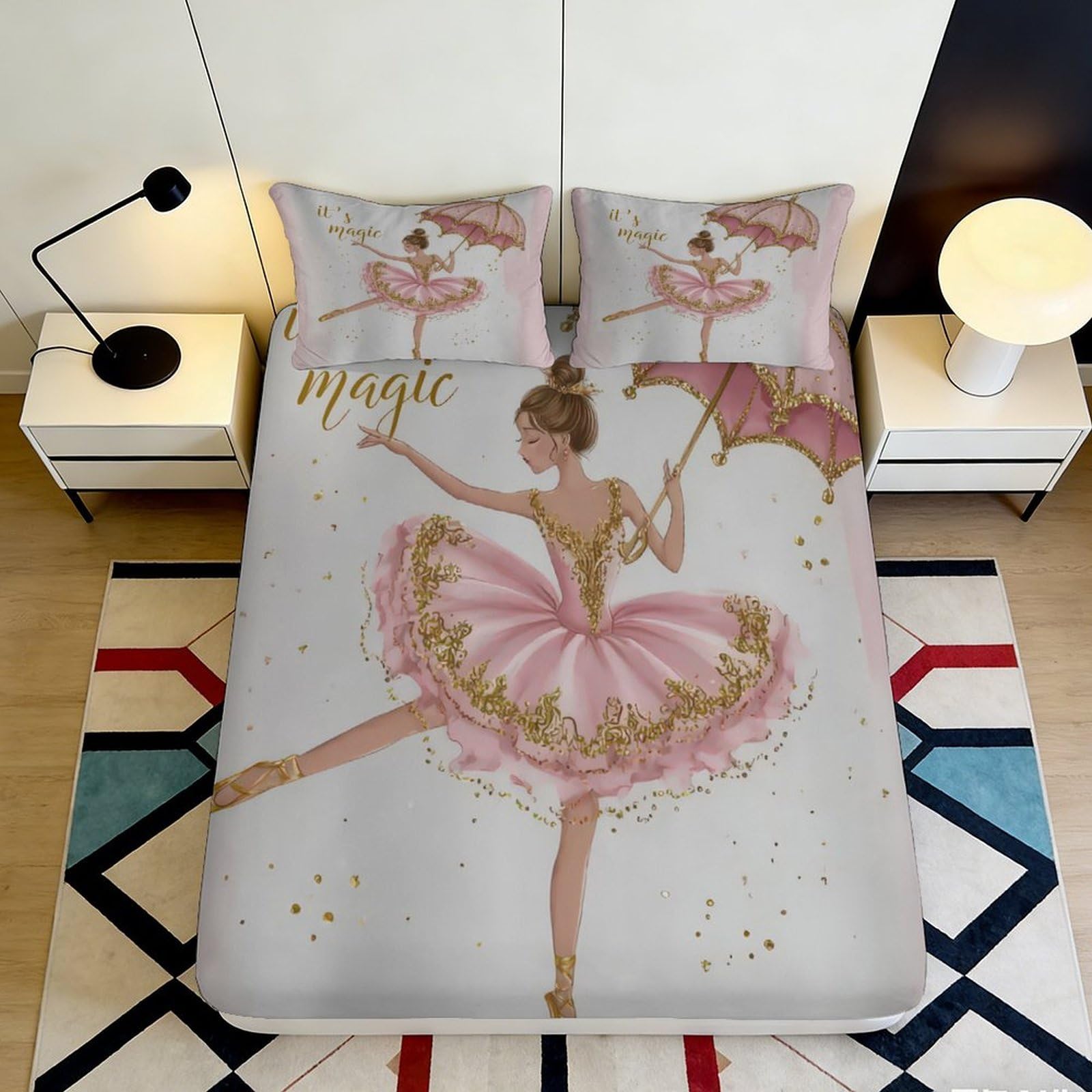 3D Printed Ballerina Pink Ballet Fitted Sheet Microfiber Non Slip Mattress Cover for Bedroom Dorm Decorative Protector 160x200x25cm