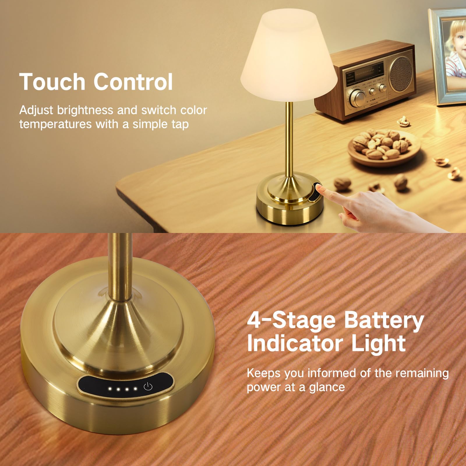 OUTON Pack 2 Lámparas de Mesa LED Sin Cable – Indicador de Batería, Regulación Táctil, USB-C, 3 Tonos (3000–6000K), IP54, Hasta 53h de Autonomía, para Dormitorio, Baño, Terraza (Oro)