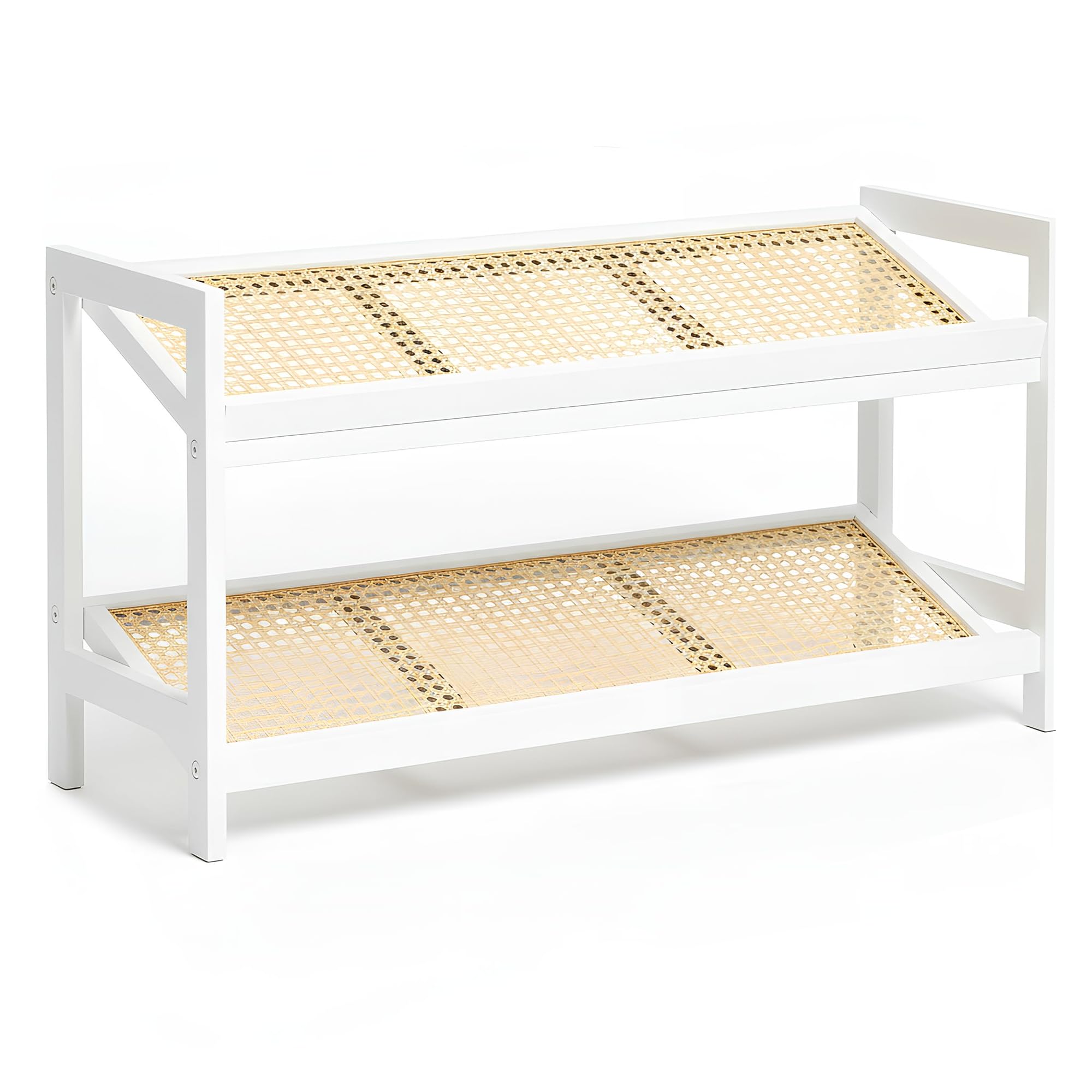 KEPLIN 2 Tier Bamboo and Rattan Shoe Organiser Rack – Eco-Friendly, Durable, Easy Assembly – Compact Design for Entryway, Closet, or Hallway – Stylish and Functional Storage – White and Natural