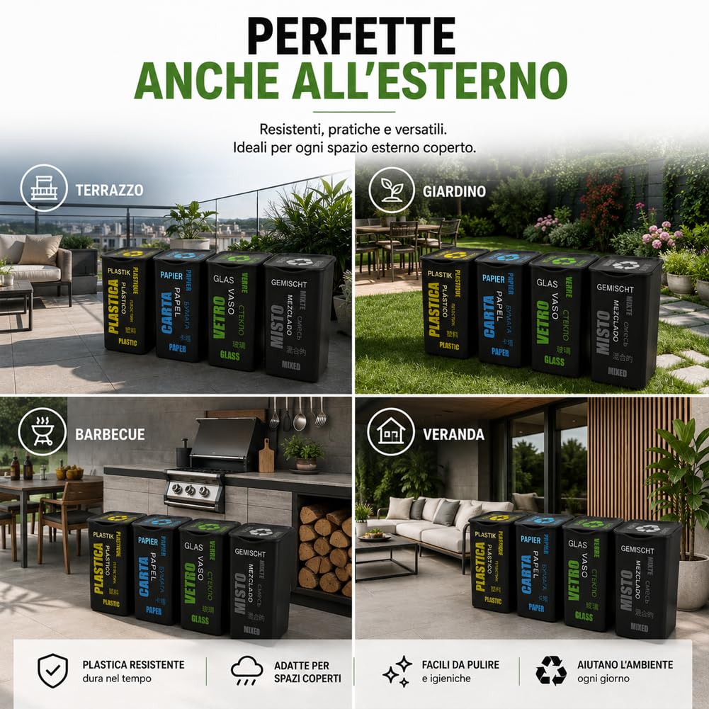 BAKAJI Set 4 Pattumiere per Raccolta Differenziata, Bidoni Spazzatura da 50 Litri con Coperchio e Design Moderno a Scritte Colorato, Contenitori Immondizia da Esterno e Interno, 37.5 x 36 x 53.5 cm