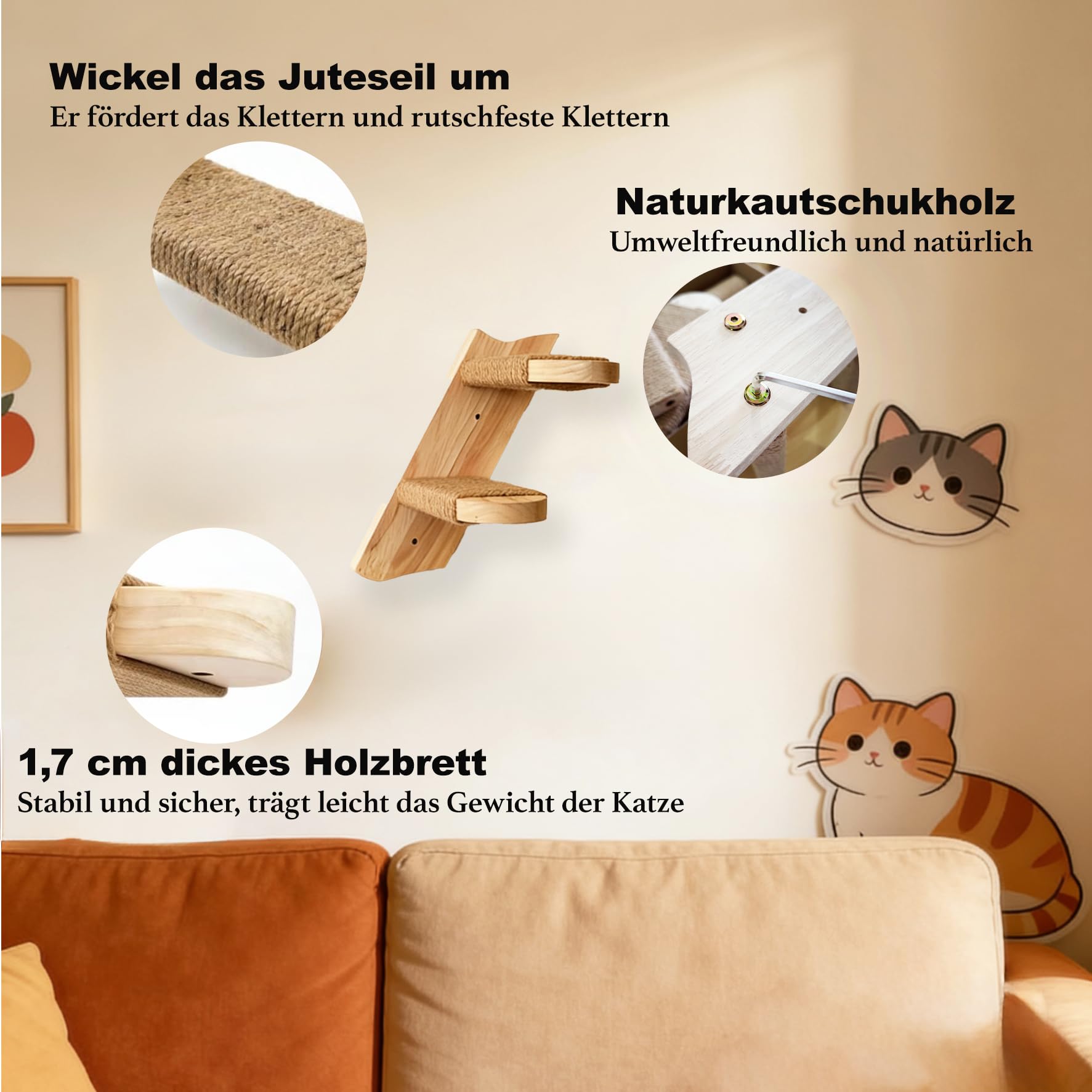 Katzentreppe 2Pcs Kletterwand für Katzen, Katzenleiter Katzenbretter für die Wand, Katzen Wandelemente mit Juteseil, Wandkratzbaum für Katze Klettern Spielen (Kann 15kg Tragen)