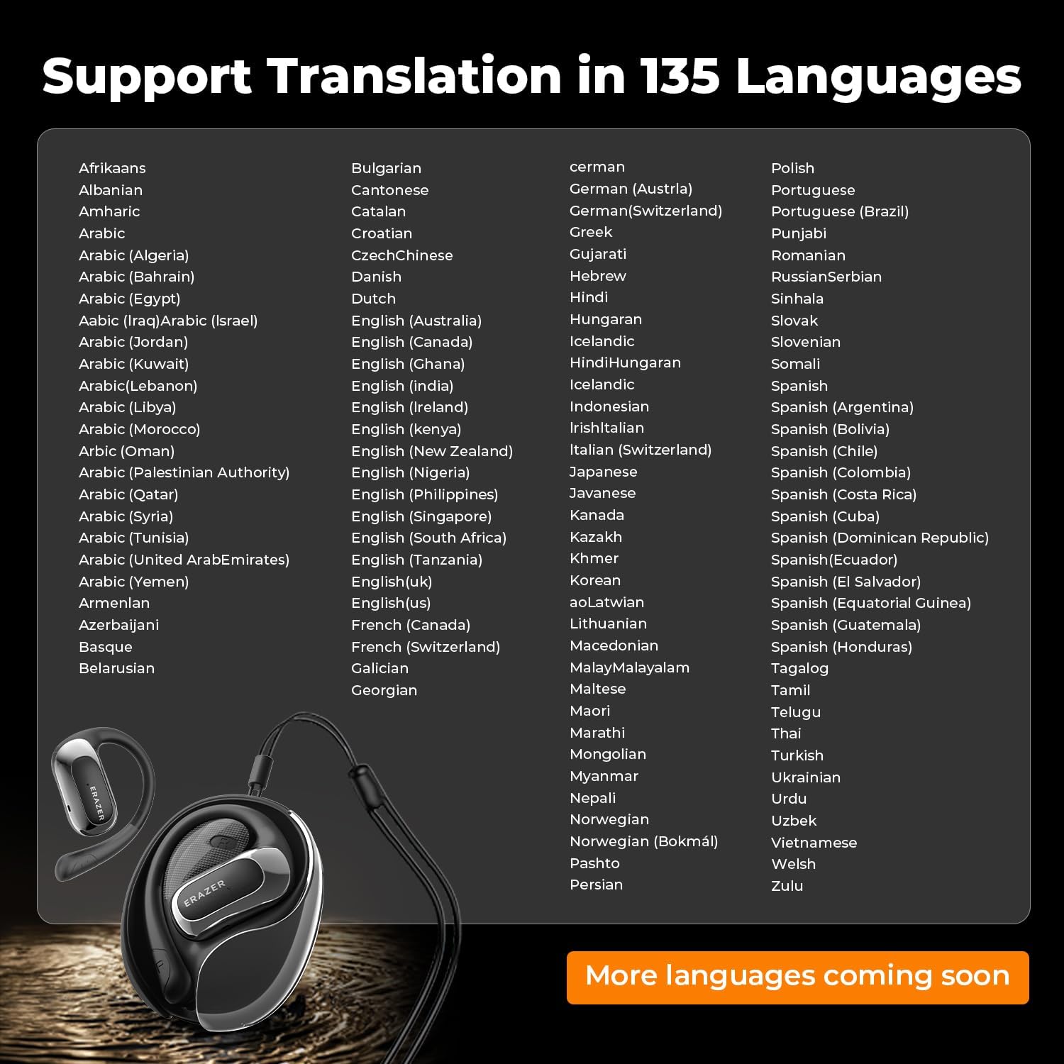 A comprehensive list of 135 languages supported by the ERAZER X5 translation earbuds.