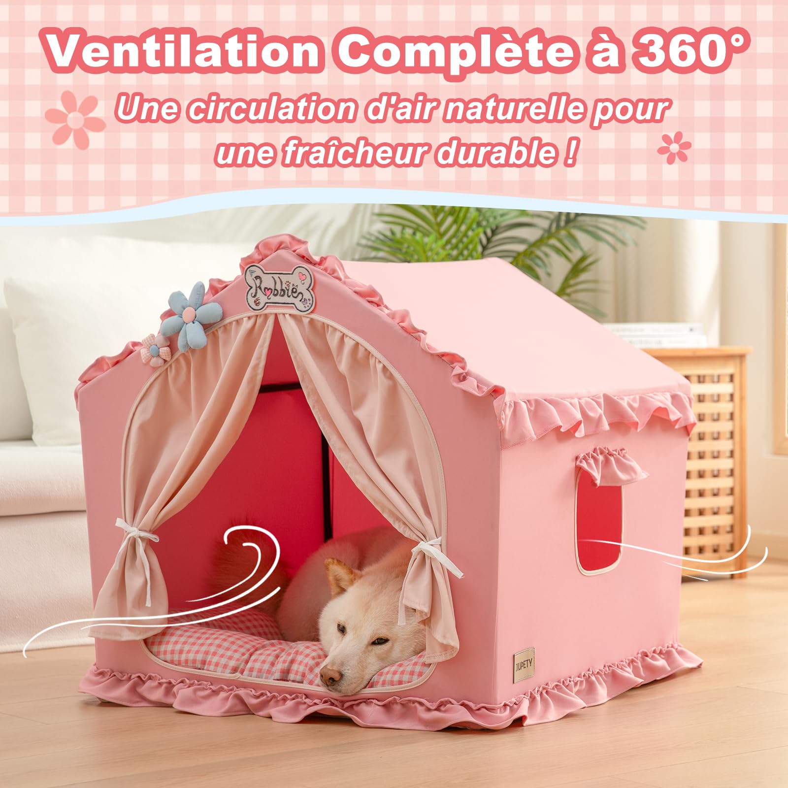 Jiupety Niche pour chien Cabane d'intérieur pliable lavable avec cadre toit ventilé taille L 64x64x64 cm 9-18 kg