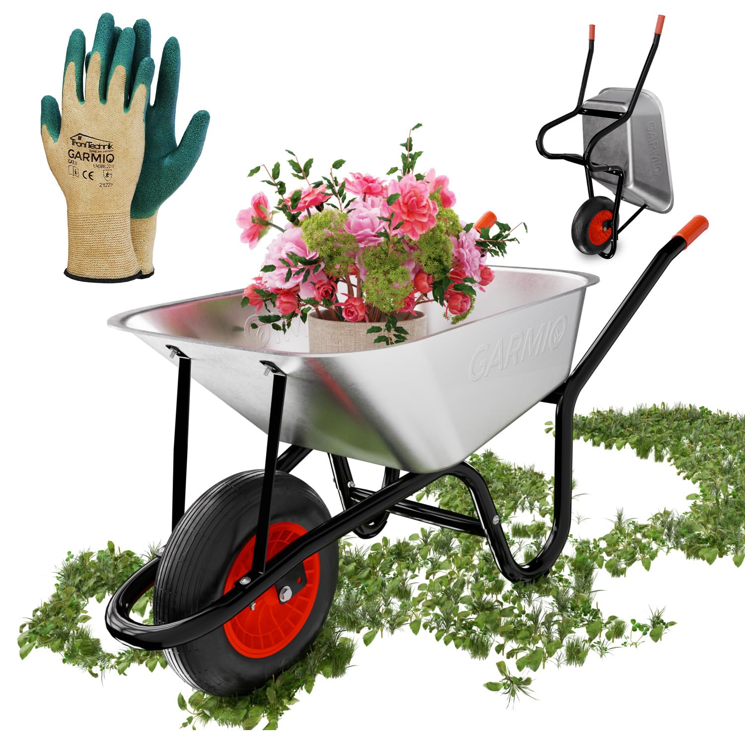GARMIO® Schubkarre 85 Liter bis 160kg Tragfähigkeit Garten Bauschubkarre, Gummi-Luftreifen mit Felge - Wanne verzinkt, Hofkarre, Robustes Stahlgestell für Haus und Hof