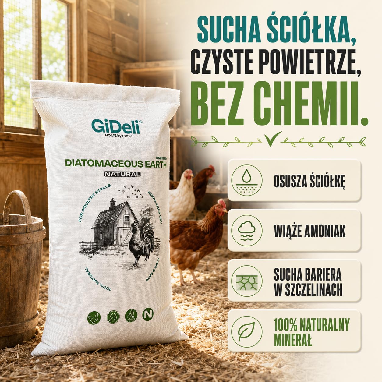 GiDeli Ziemia okrzemkowa dla kur ściółka ziemia okrzemkowa w proszku, czysta niekalcynowana przeciwko czerwonym roztoczom, 40 kg