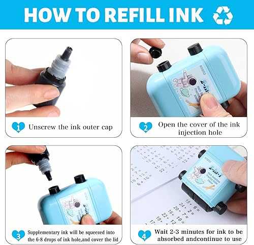 Miniatura 5 de Juego de sellos de rodillo de matemáticas para niños, paquete de 3 repuestos, suma y resta 2 en 1, sellos digitales autoentintados para profesores