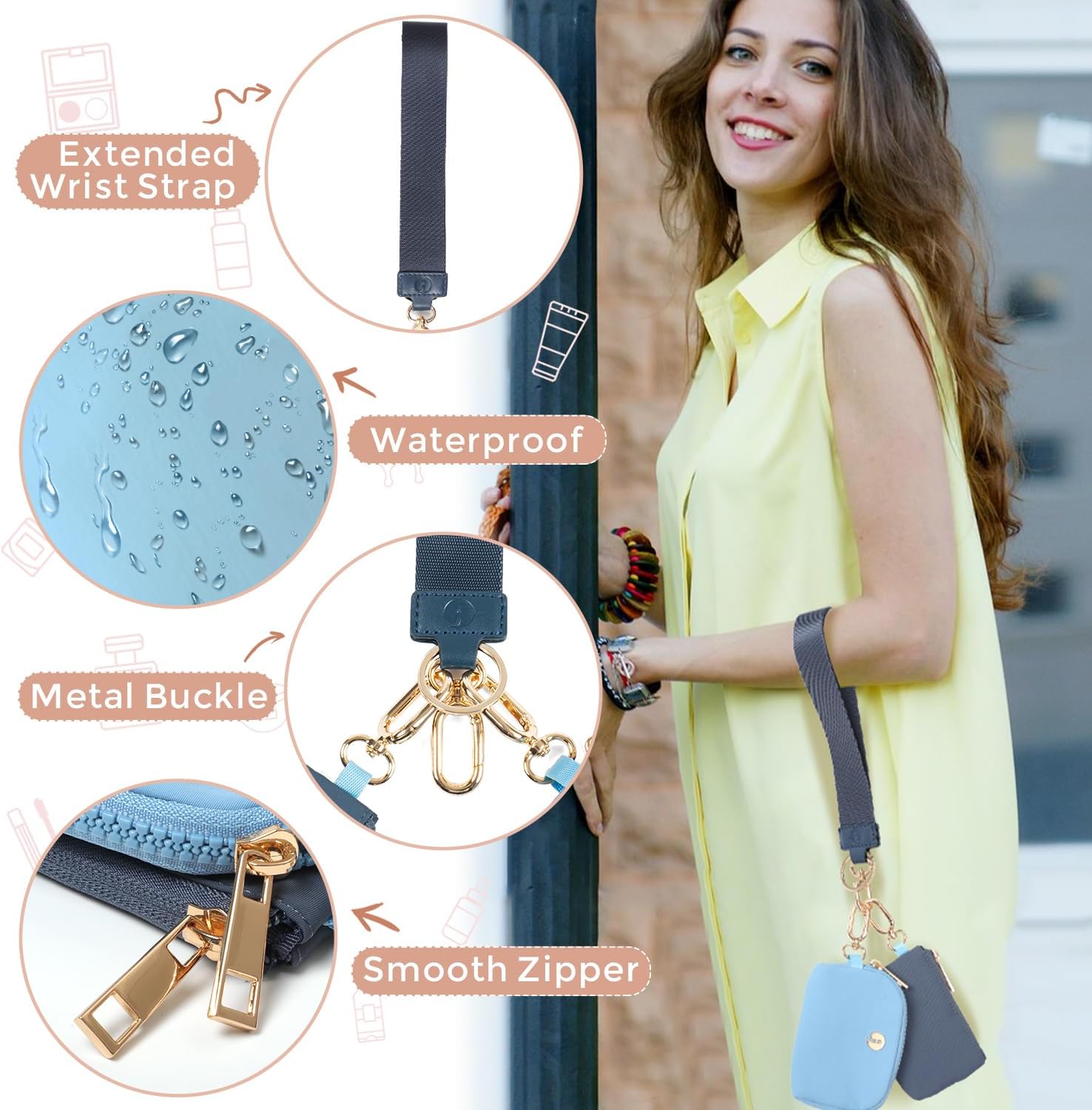 Dual Pouch Wristlet Keychain Wallets for Women with 2 Detachable Zipper Coin Purse - Small and Portable Mini Card Wallet for Women Men Gold Hardware Navy+Sky Blue - Image 4