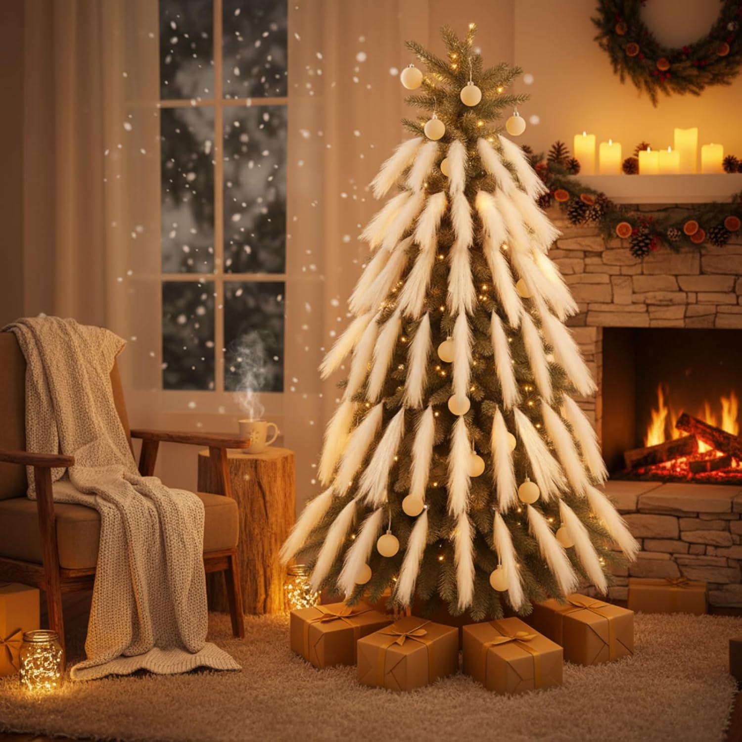 Chuangdi 150 Pcs Christmas Tree Topper 21.65 inch Pampas Grass Bulk Curly Picks Stems Christmas Ornaments Picks for Xmas Tree Topper Home Vase Fillers Decorations(White)