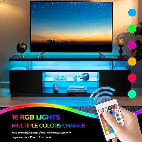 Miniatura 5 de Centro de entretenimiento para TV, soporte de TV LED, centro de juegos para TV de 60, 65, 70 pulgadas, soporte de TV negro con almacenamiento,