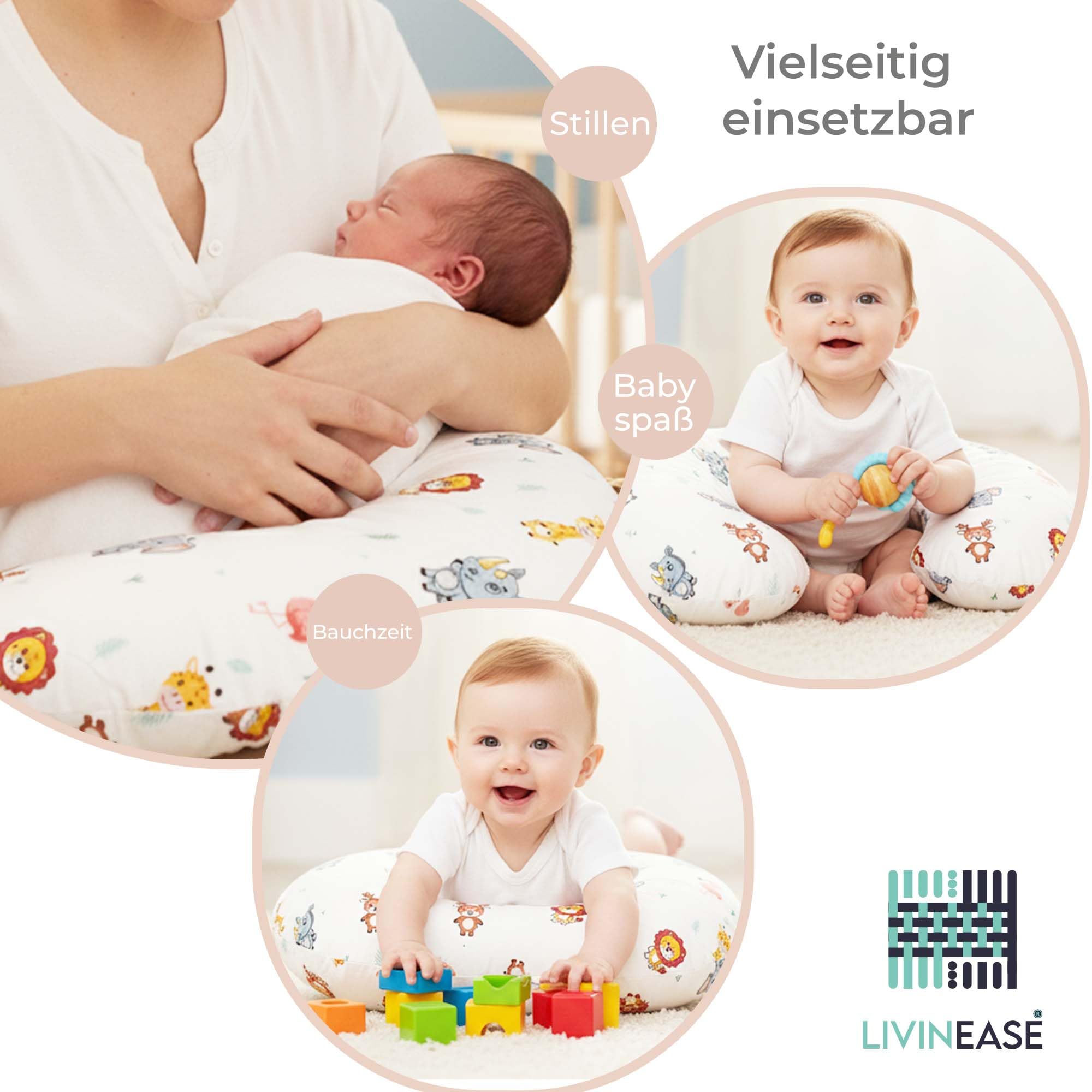 LivinEase Stillkissen zum Stillen und für Flaschen - Baby-Fütterungskissen 100% OEKO-TEX zertifizierte Baumwolle mit waschbarem Bezug - Perfekt für Bauchzeit (Dschungel)