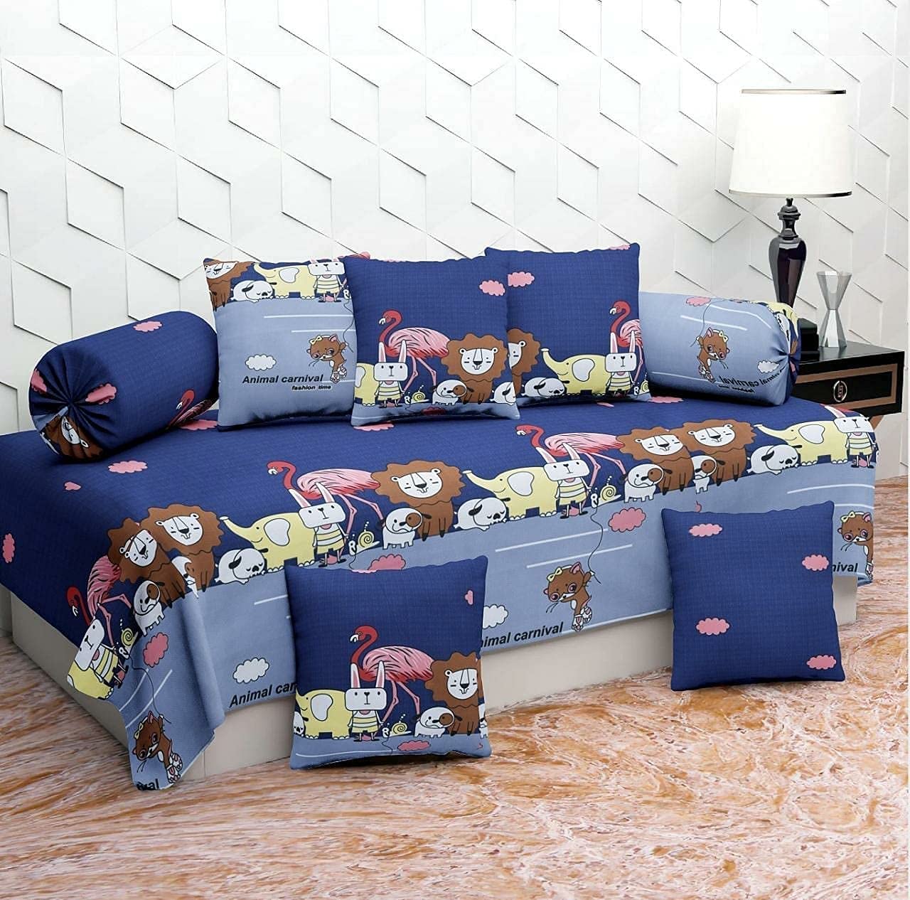 BREVARD 210 TC Glace Cotton 8 Pieces Diwan Set Including 1 Bedsheet, 5 Cushion Covers and 2 Bolster Covers (Animal Cartoon)-picture-35