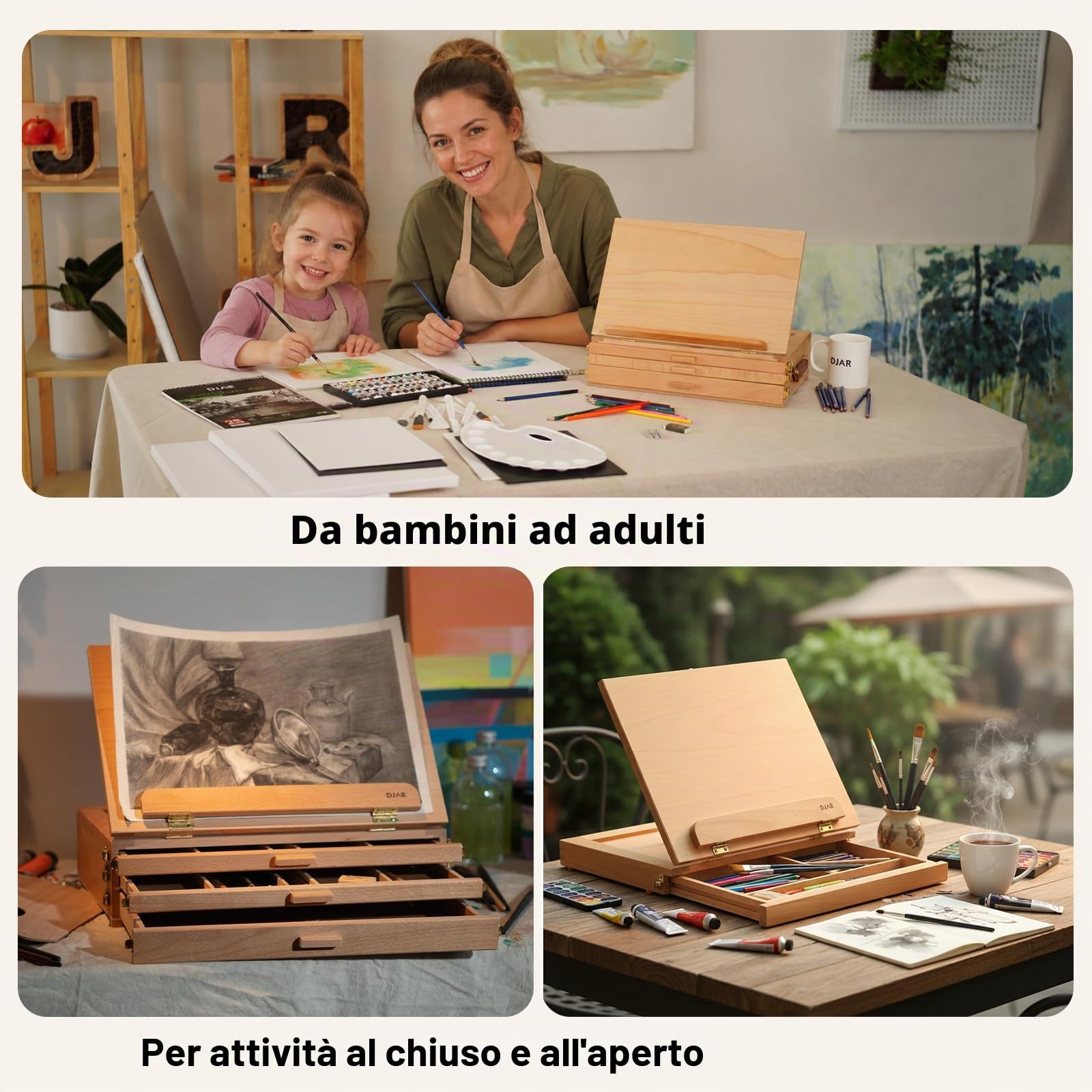 DJAR Cavalletto da tavolo per pittura con 3 cassetti portaoggetti, regolabile e portatile in legno di faggio, Sketchbox da scrivania, supporto per pittura artistica per adulti e studenti