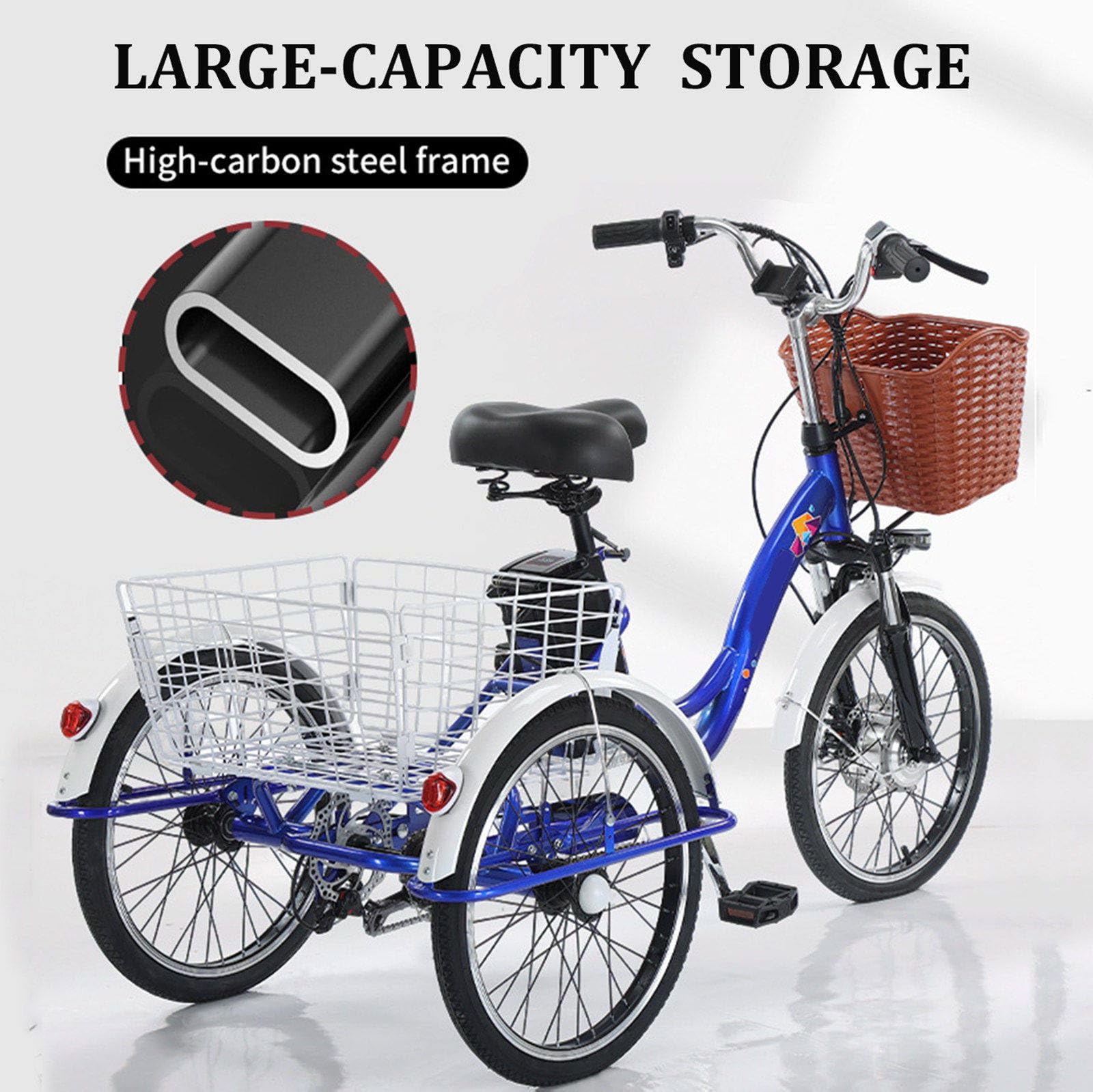 Triciclo elettrico per adulti, 20 pollici, 7 velocità, portata massima 150 kg, 3 modalità di guida, faro a LED e clacson, ideale per gli spostamenti quotidiani e per fare la spesa.