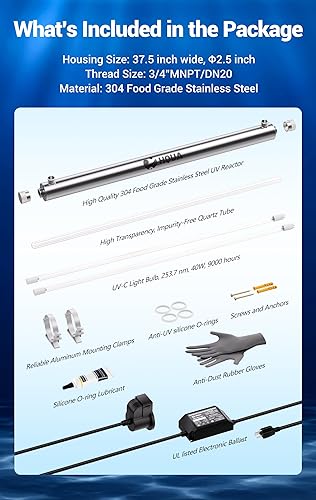 Miniatura 5 de HQUA - Filtro esterilizador de purificador de agua ultravioleta OWS-12 para toda la casa 12 GPM 110 V 40 W modelo HQUA-UV-12 GPM  1 tubo UV extra